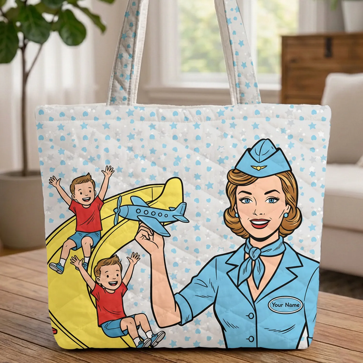 Flight Attendant Boys Airplane Slide - Travel Essentials Gift Quilted Tote Bag - 1