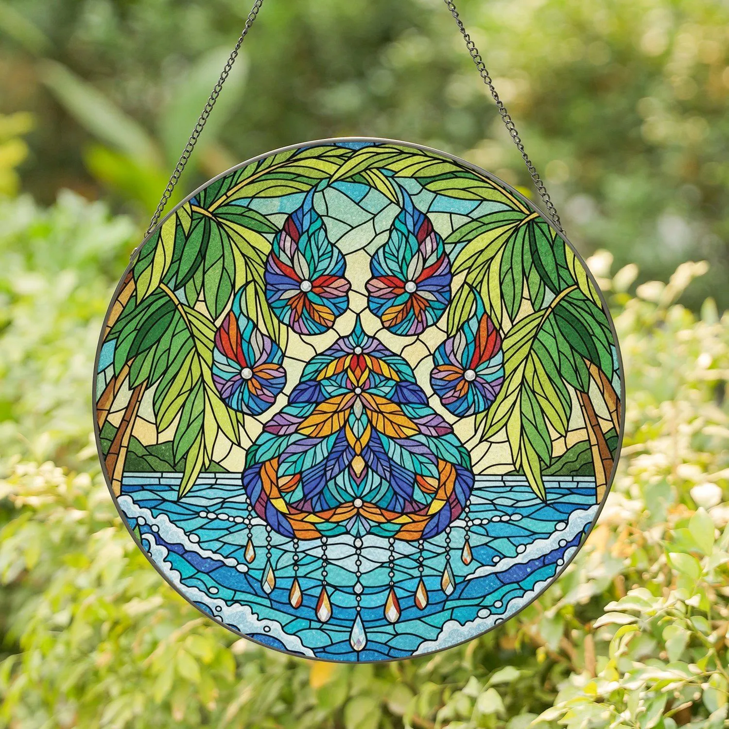 Ornate Feather Paw Print Tropical Seascape - Wildlife Lover Home Decor Gift Stained Glass Suncatcher - 1