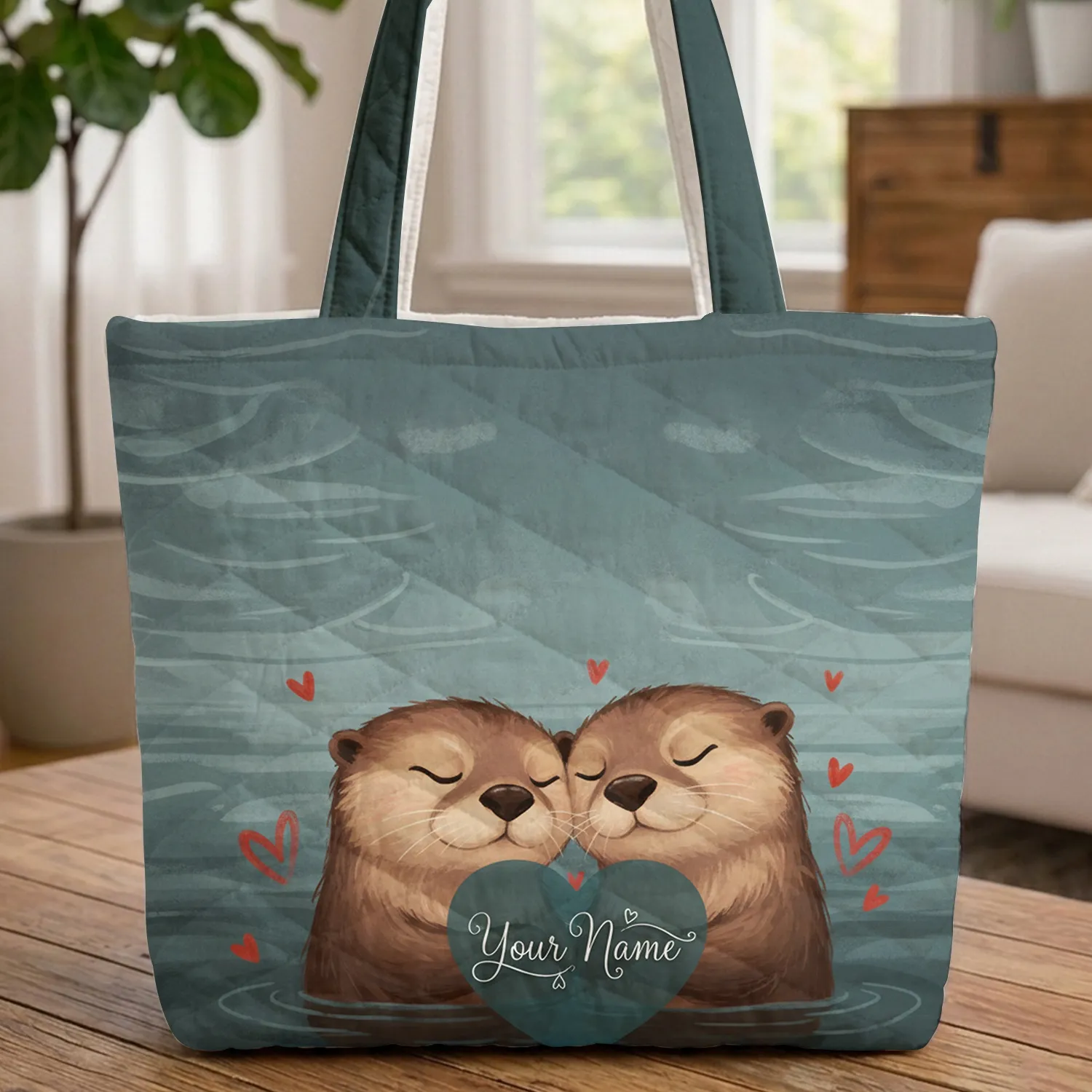Otters Embracing Red Hearts Personalized Name - Everyday Wildlife Gift Quilted Tote Bag - 1