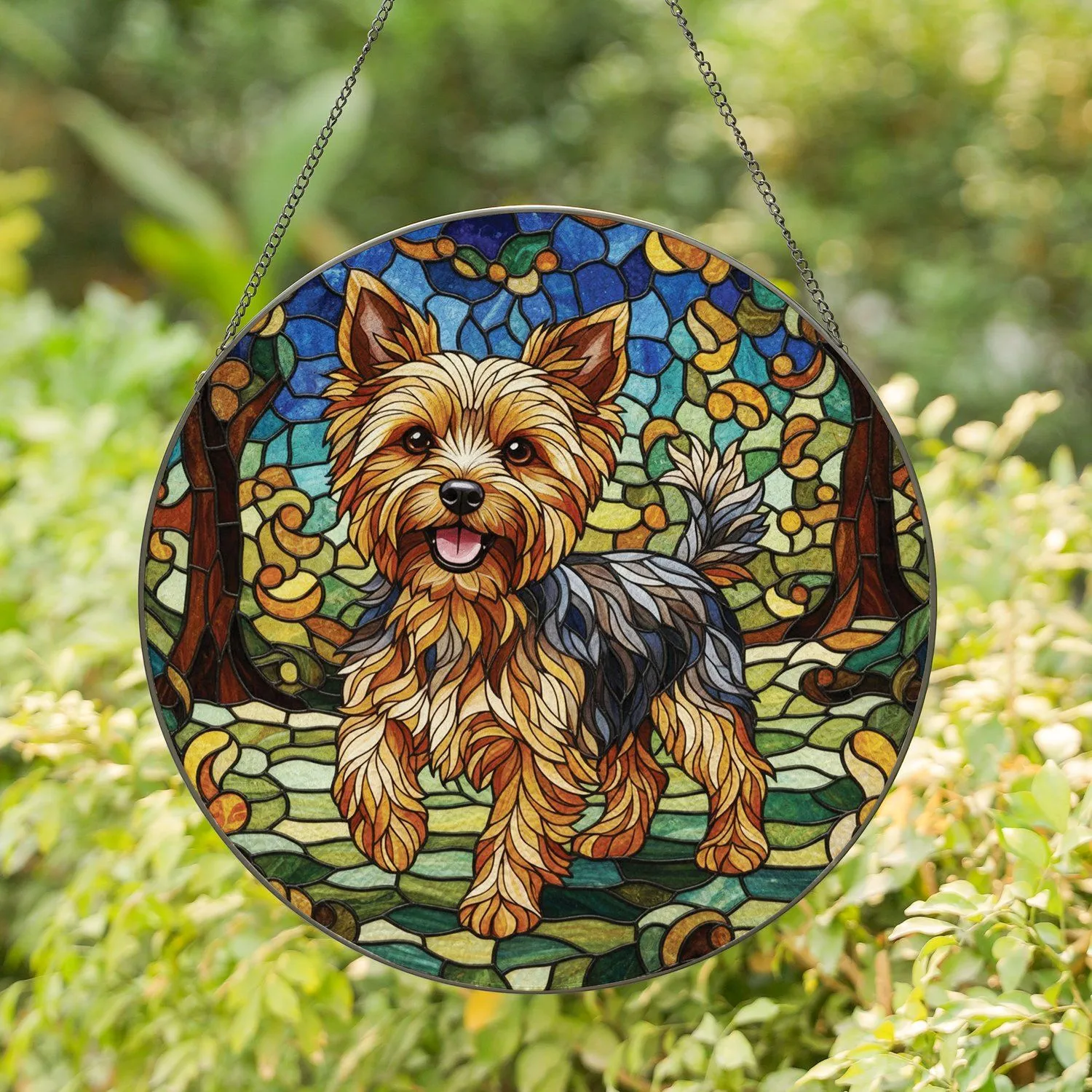 Happy Playful Yorkshire Terrier Stained Glass Organic Shapes - Dog Lover Home Decor Gift Stained Glass Suncatcher - 1