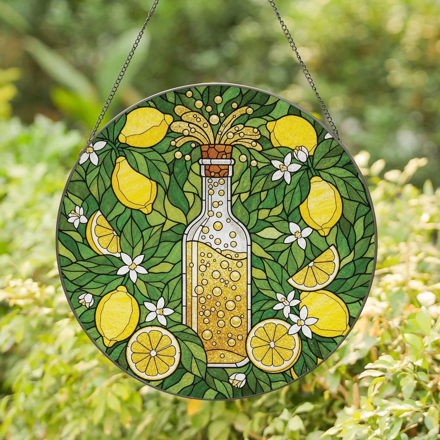 Golden Lemon Liquid Bottle, Whole Lemons, White Blossoms, Green Leaves - Home Decor Gift Stained Glass Suncatcher - 1