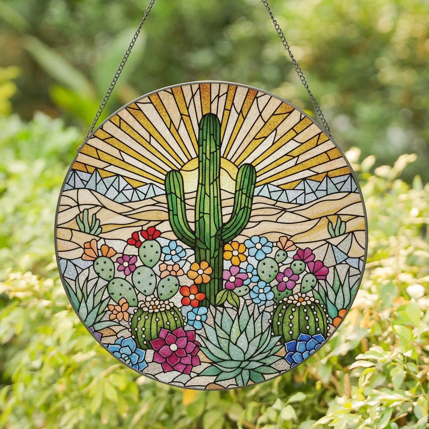 Desert Saguaro Cactus Succulent Garden - Home Decor Gift Stained Glass Suncatcher - 1