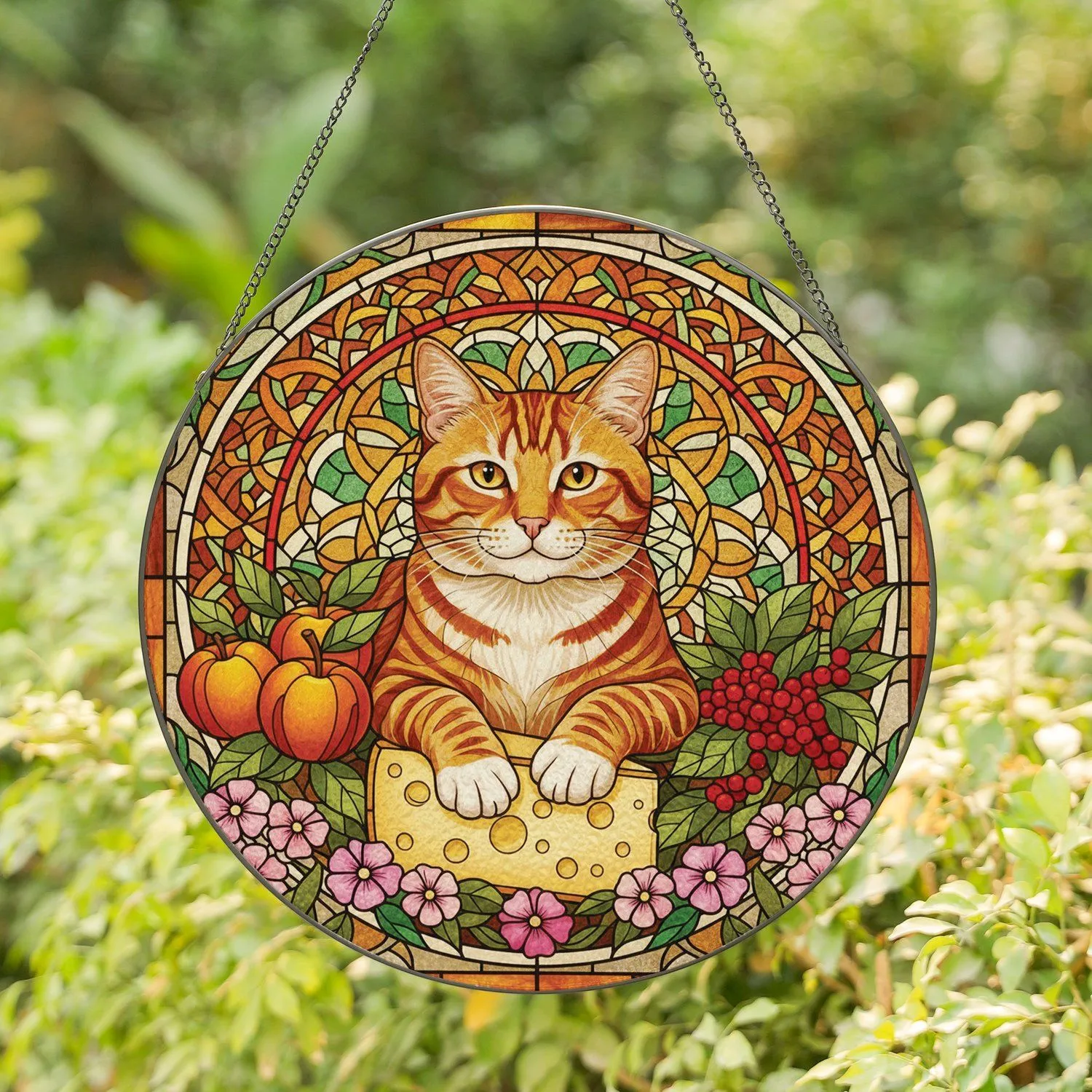 Tabby Cat Swiss Cheese Apples Berries Pink Flowers - Cat Lover Home Decor Gift Stained Glass Suncatcher - 1