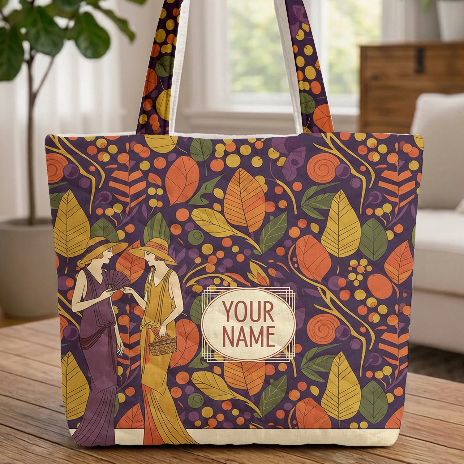 Art Deco Women Conversing Wide Hats Fall Leaves Berries Everyday Carry Gift Quilted Tote Bag - 1