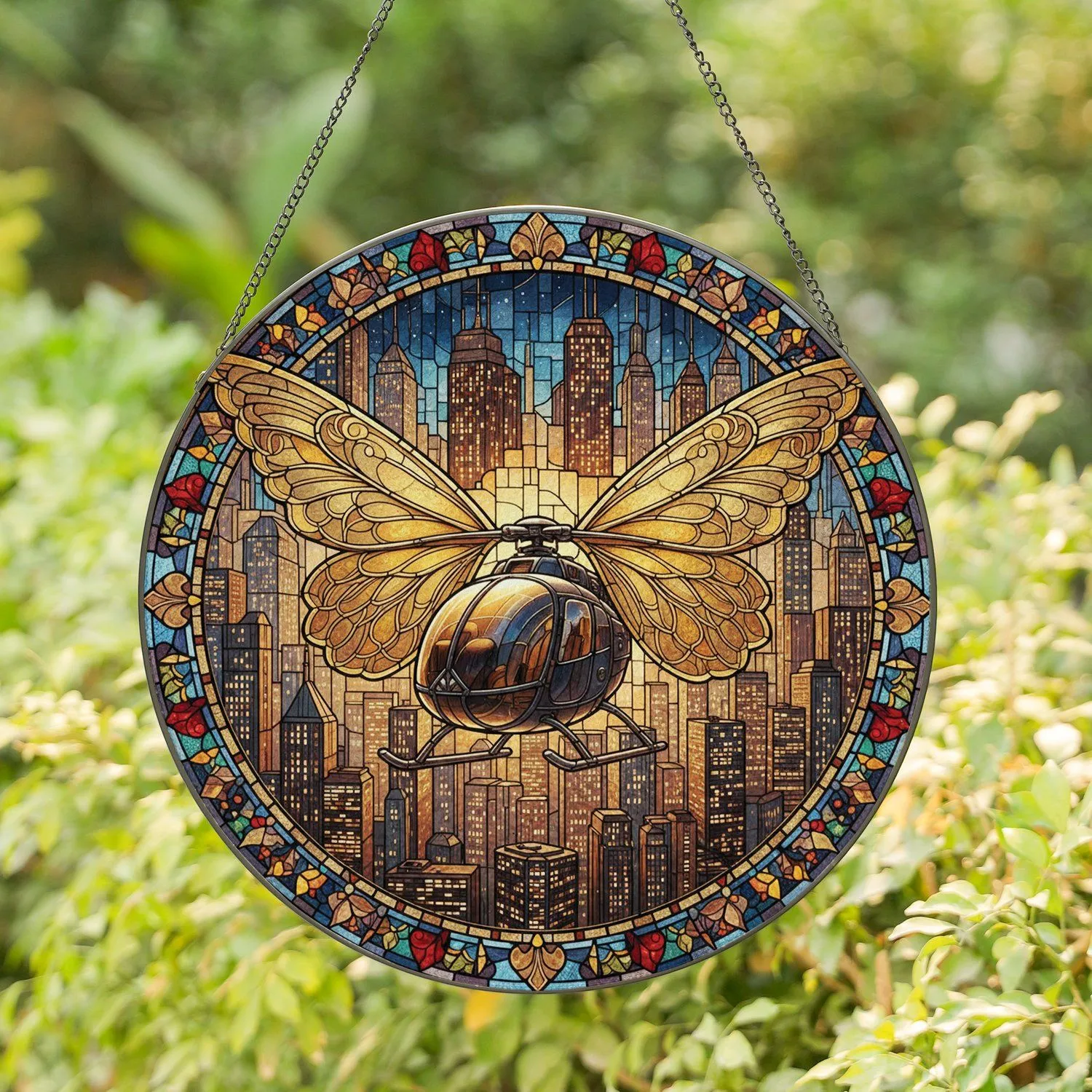 Sleek Helicopter Golden Butterfly Wings Futuristic Cityscape Ornate Border - Home Decor Gift Stained Glass Suncatcher - 1