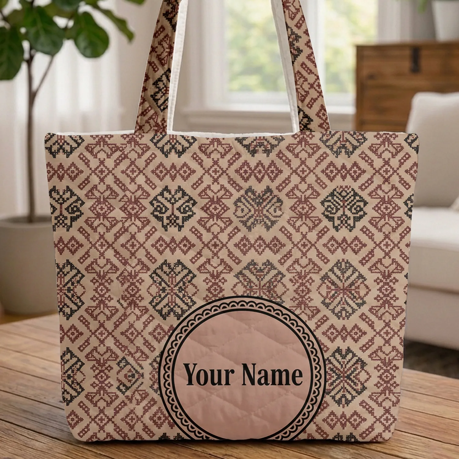 Tatreez Floral Geometric Medallion Everyday Carry Gift Quilted Tote Bag - 1