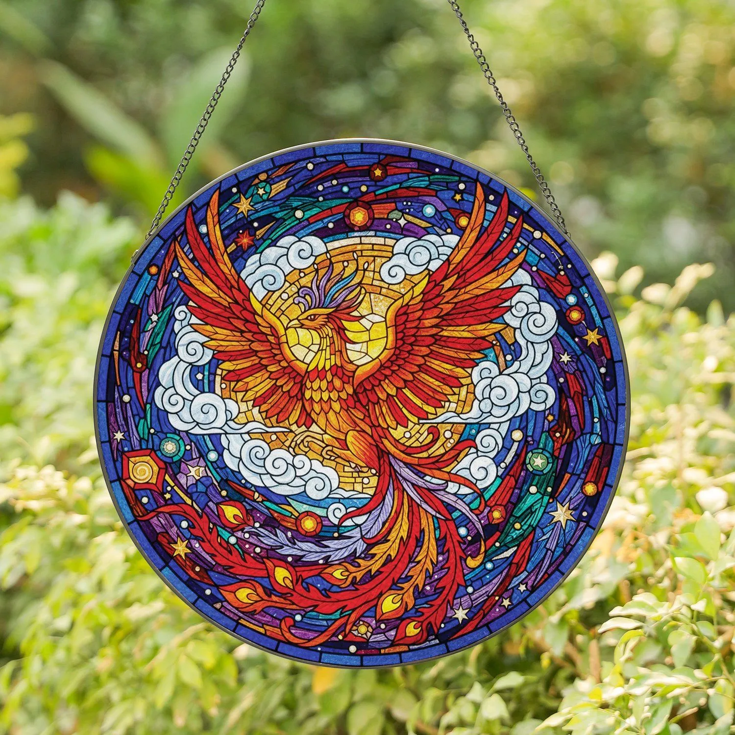 Fiery Phoenix Ascending Swirling Clouds Celestial Sky - Home Decor Gift for Mythology Lover Stained Glass Suncatcher - 1