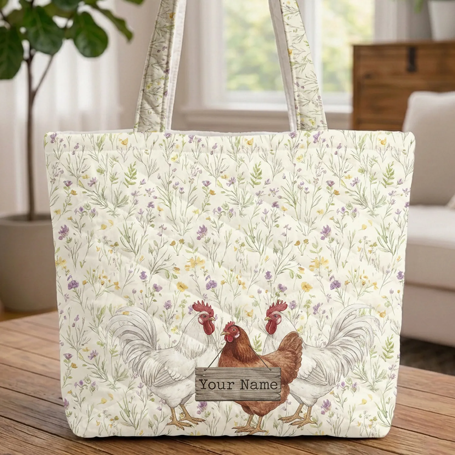 Farmhouse Chickens Wildflower Your Name Sign - Everyday Carry Gift Quilted Tote Bag - 1