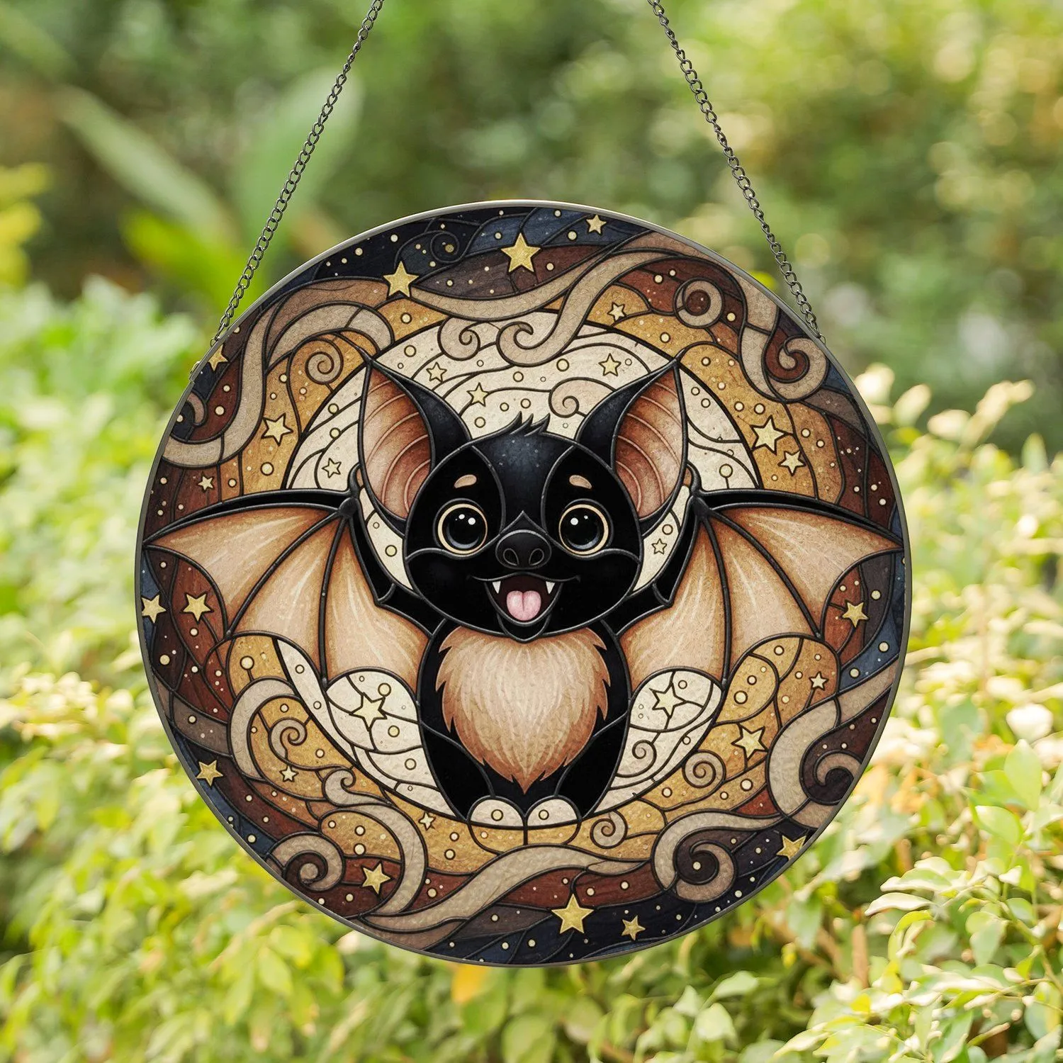 Cartoon Bat Outstretched Wings Starry Celestial Night Sky Home Decor Gift for Bat Lover Stained Glass Suncatcher - 1