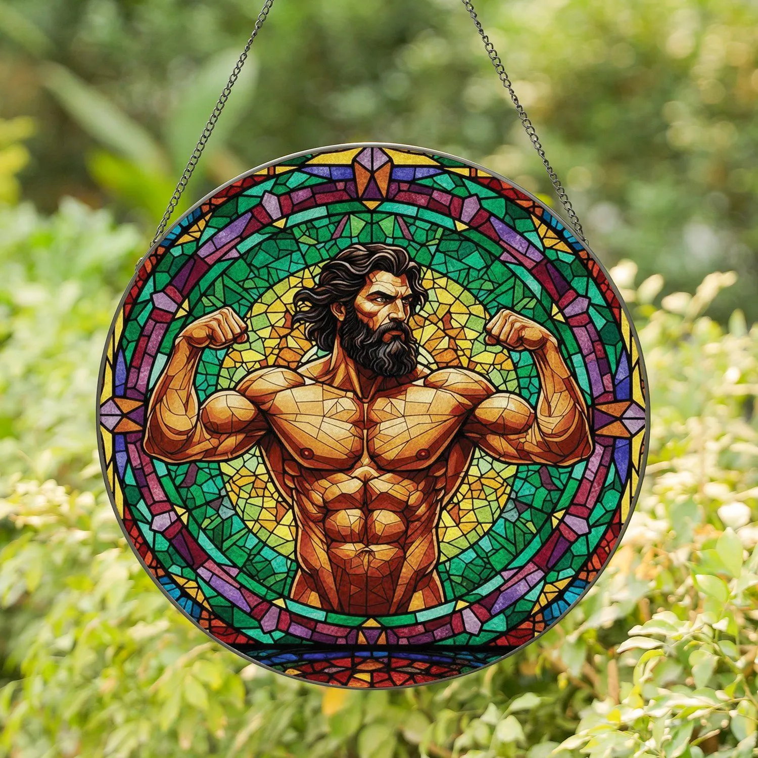 Muscled Man Defined Physique Heroic Pose Circular Frame - Home Decor Gift Stained Glass Suncatcher - 1