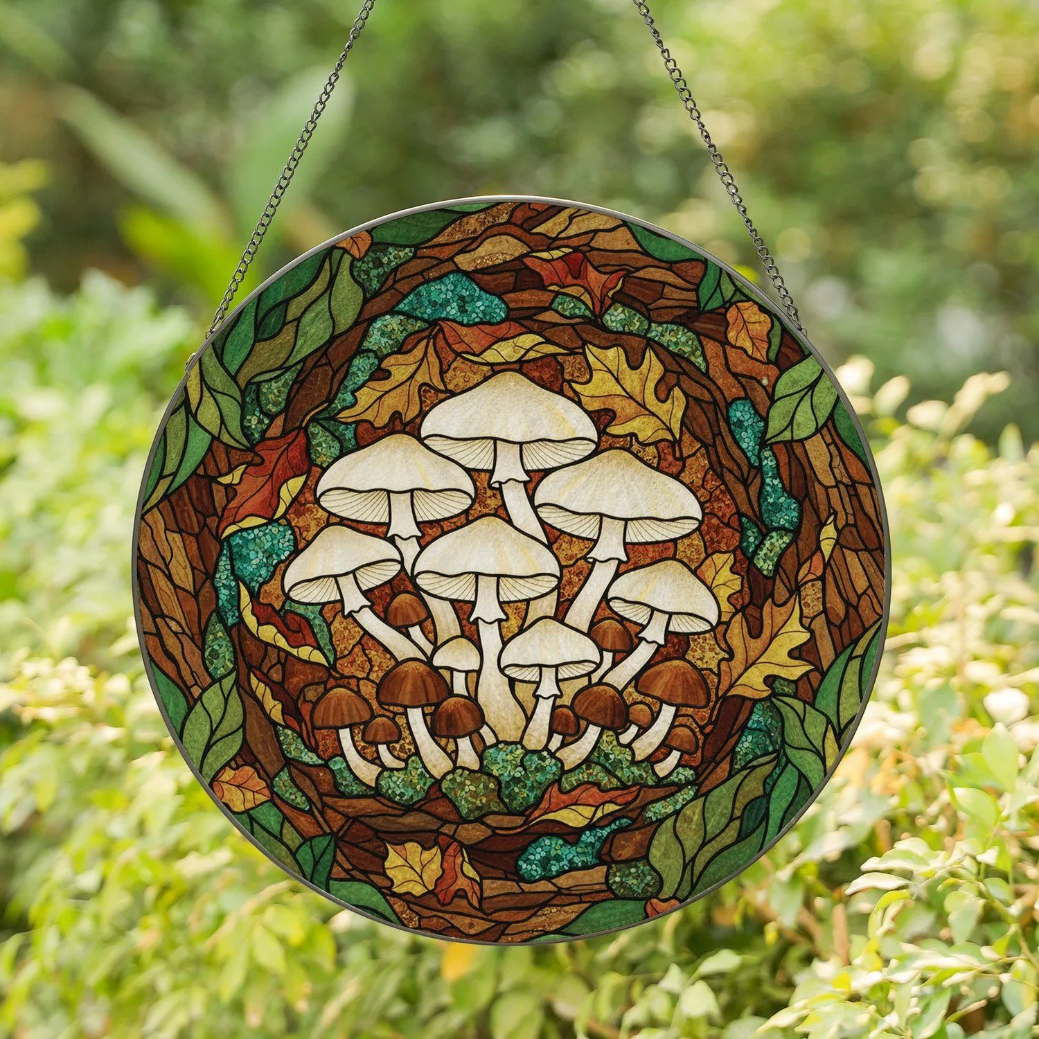 Tiffany Stained Glass Mushroom Forest Autumn Leaves Glowing Jewel Tones - Home Decor Gift Stained Glass Suncatcher - 1