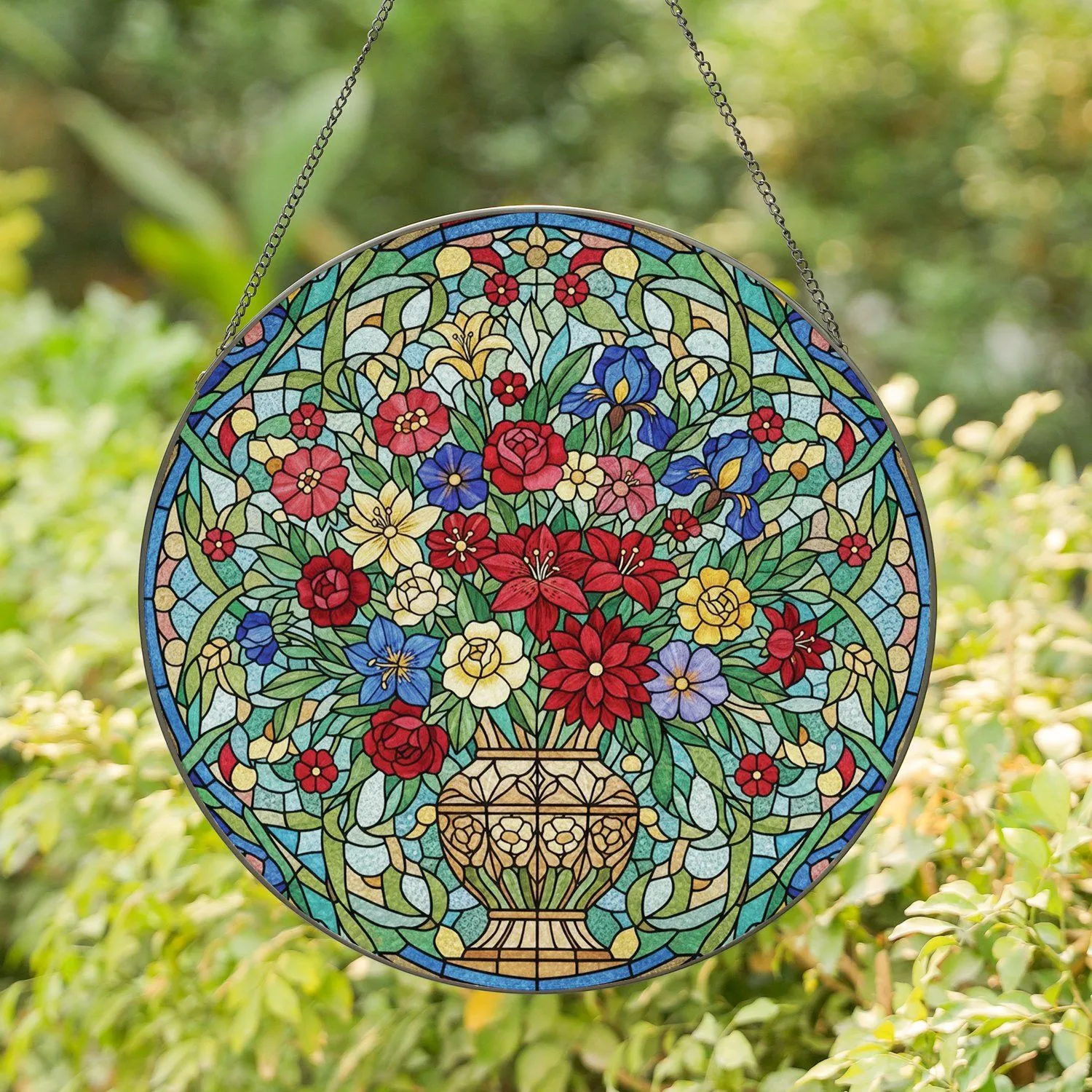 Lavish Blooming Flowers Bouquet Tiffany Style Window Art Home Decor Gift Stained Glass Suncatcher - 1