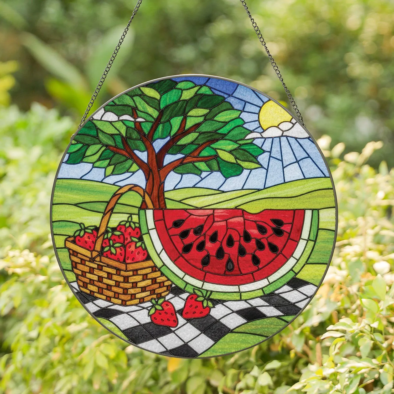 Watermelon Strawberries Picnic Basket Green Hills Sky Sun - Summer Seasonal Home Decor Gift Stained Glass Suncatcher - 1