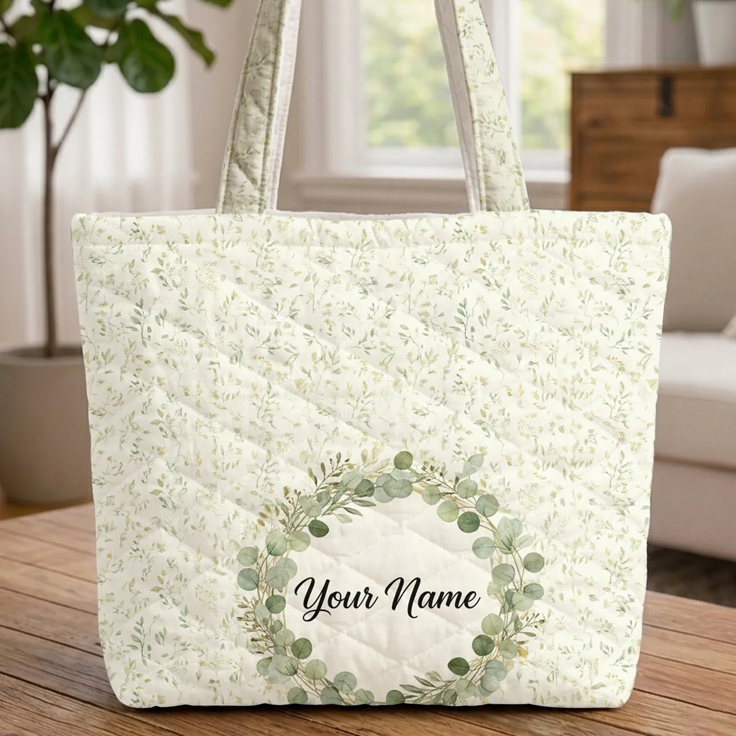 Botanical Eucalyptus Sprigs Leaf Garland Sage Green Cream - Everyday Carry Gift Quilted Tote Bag - 1