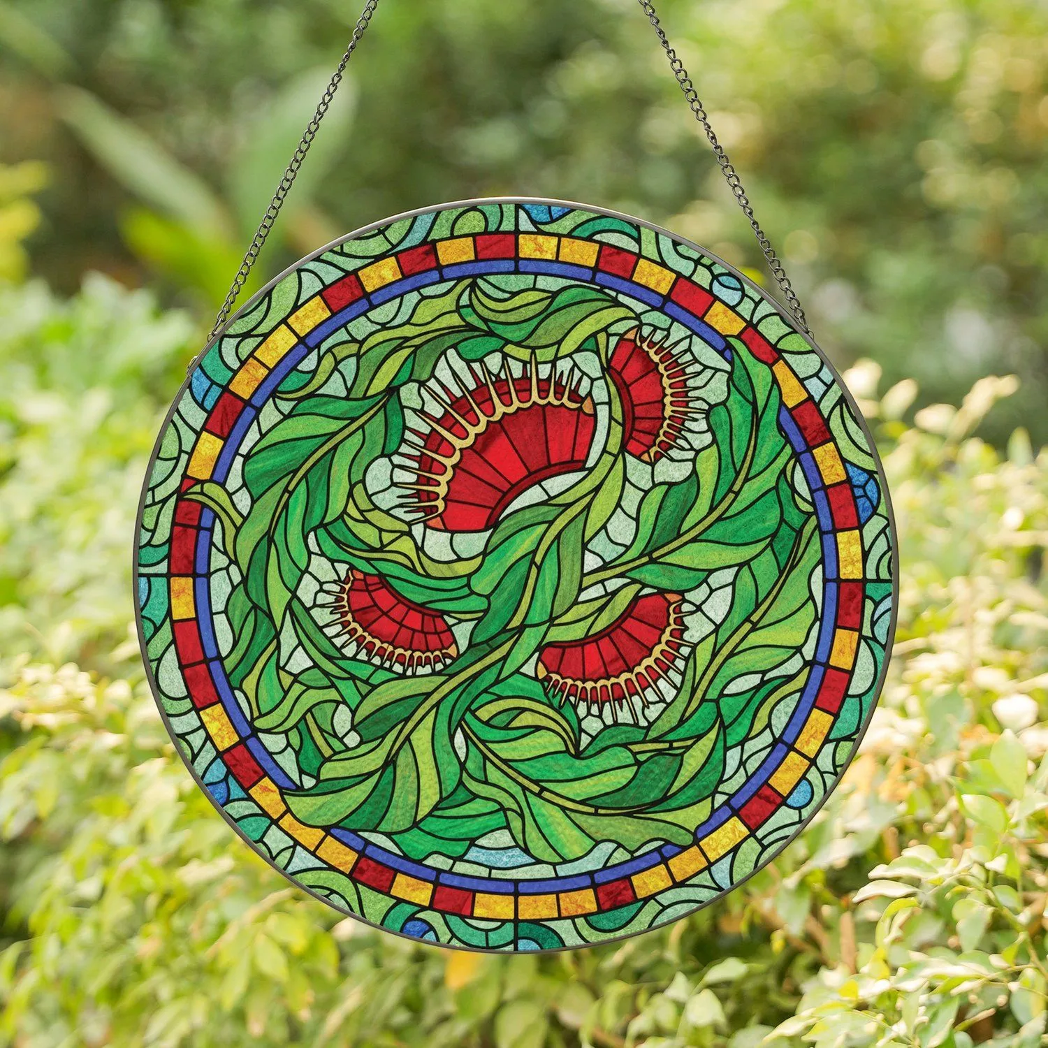 Venus Flytrap Red Trap Circular Mosaic Jewel Tone - Home Decor Gift for Plant Lover Stained Glass Suncatcher - 1