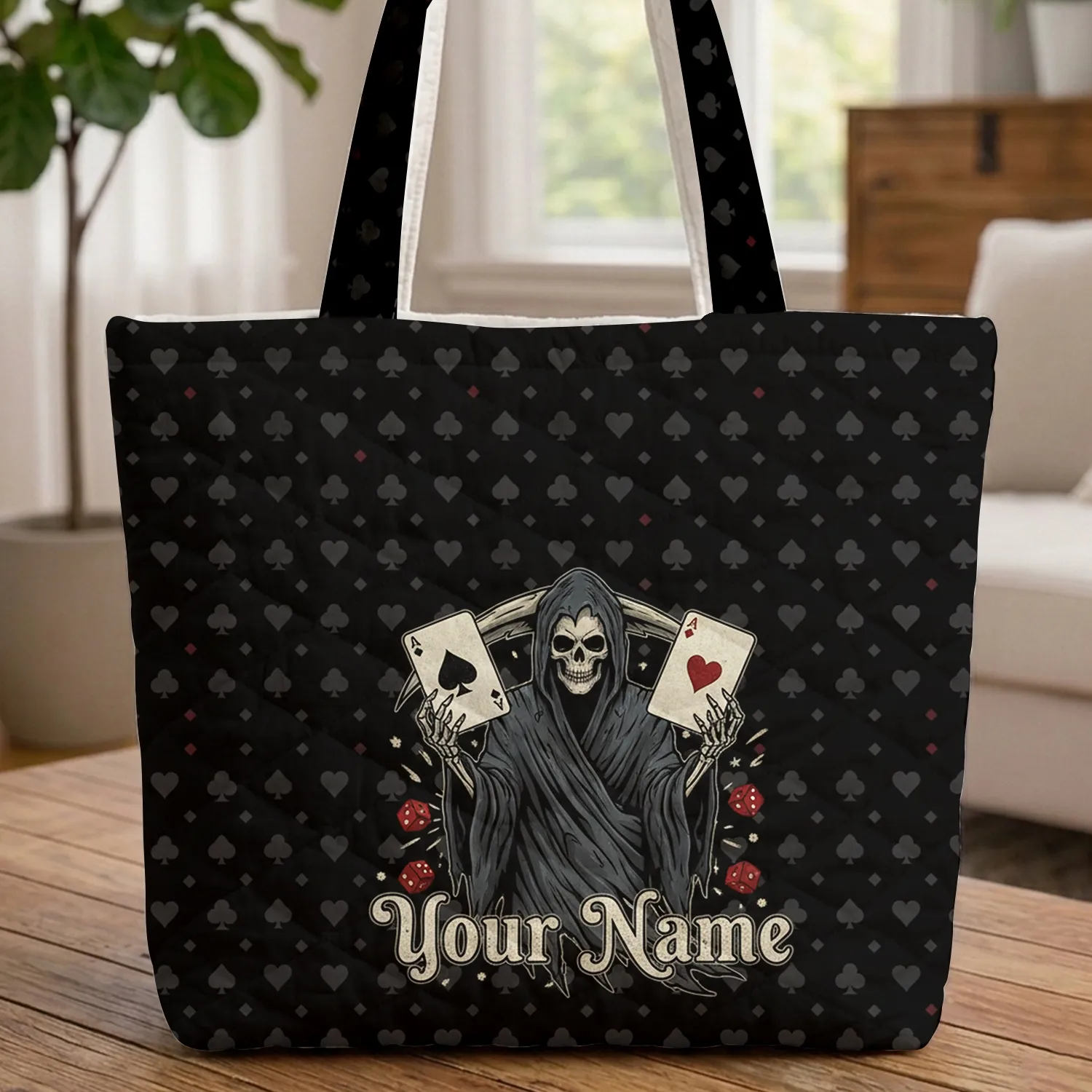 Grim Reaper Ace Cards Dice Personalized Name - Gothic Lifestyle Gift for Dark Aesthetic Fan Quilted Tote Bag - 1