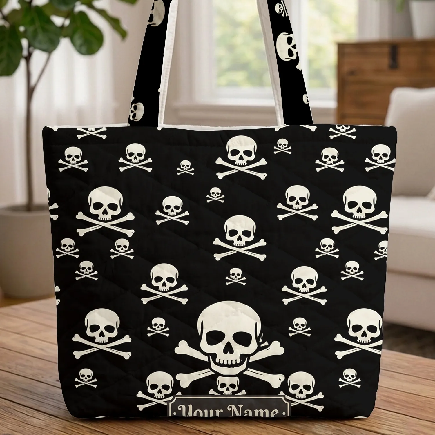 Personalized Ornate Skull Crossbones Emblem - Everyday Carry Gift Quilted Tote Bag - 1