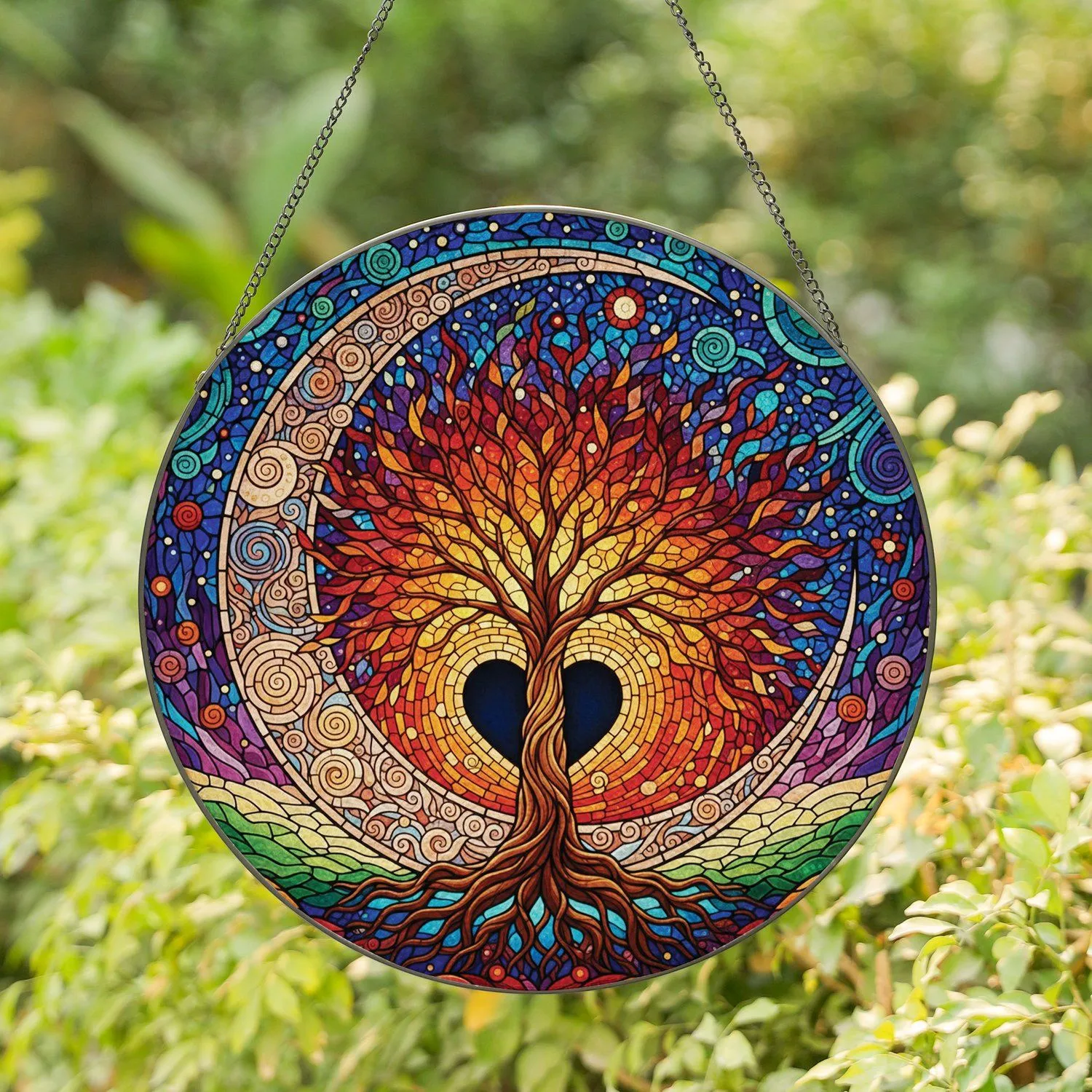 Stained Glass Tree of Life Crescent Moon Heart - Nature Lover Home Decor Gift Stained Glass Suncatcher - 1