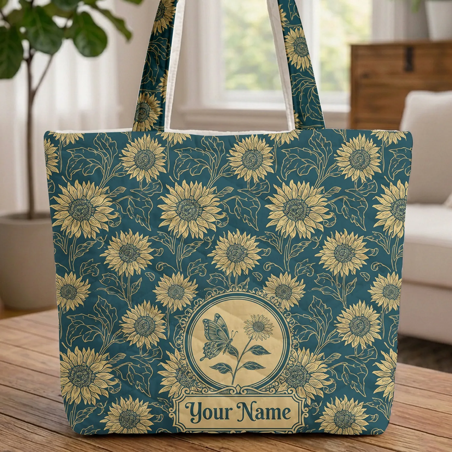 Botanical Sunflowers Butterfly Flower Circle Text Plaque Everyday Carry Gift Quilted Tote Bag - 1