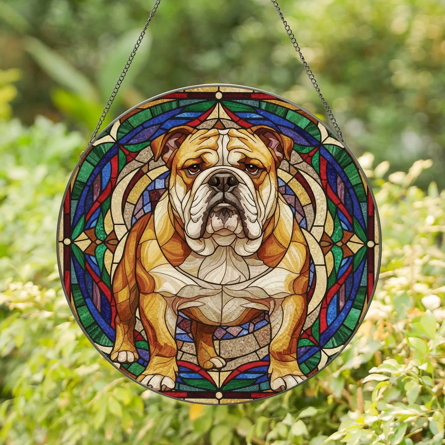 English Bulldog Sitting Upright Looking Forward - Bulldog Lover Home Decor Gift for Pet Owners Stained Glass Suncatcher - 1
