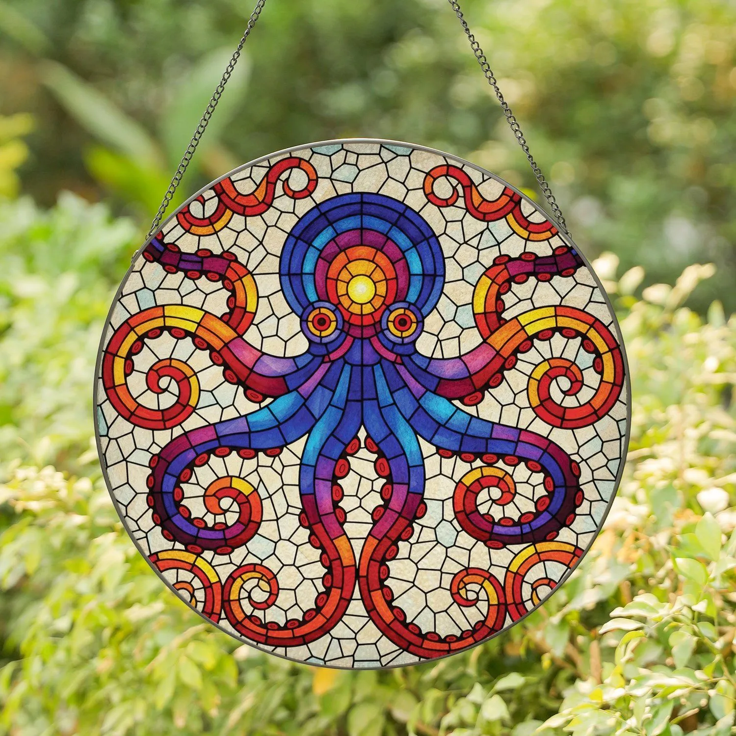 Octopus Red Eyes Stained Glass Tentacles - Home Decor Gift for Wildlife Lover Stained Glass Suncatcher - 1
