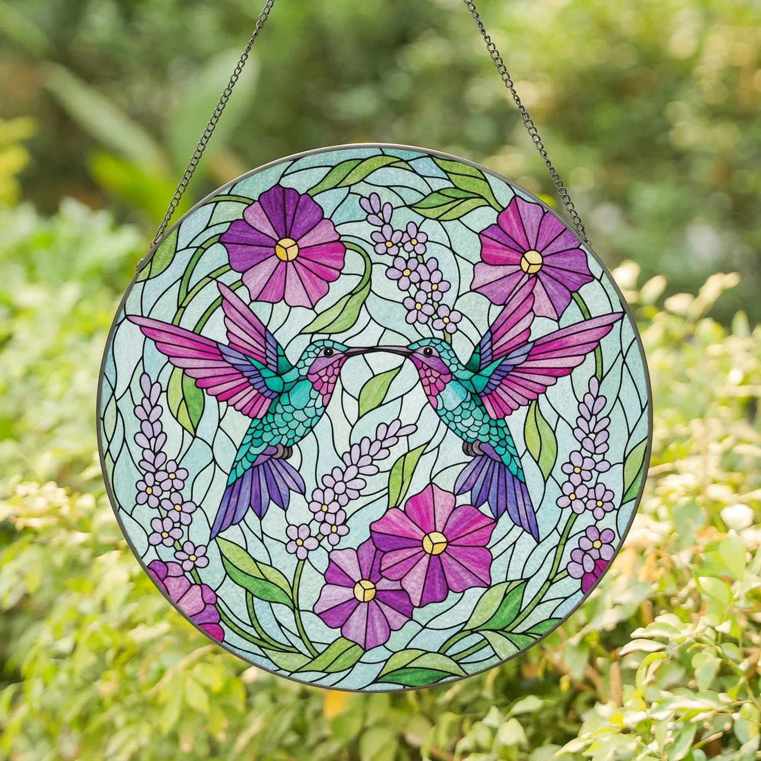 Paired Hummingbirds Tiffany Style Floral - Wildlife Lover Home Decor Gift Stained Glass Suncatcher - 1