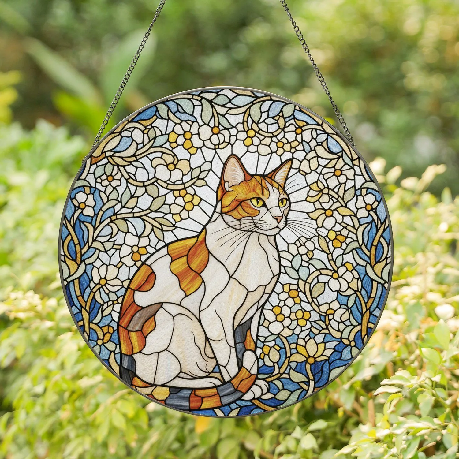 Calico Cat Botanical Stained Glass Jewel Tone - Home Decor Gift for Cat Lover Stained Glass Suncatcher - 1