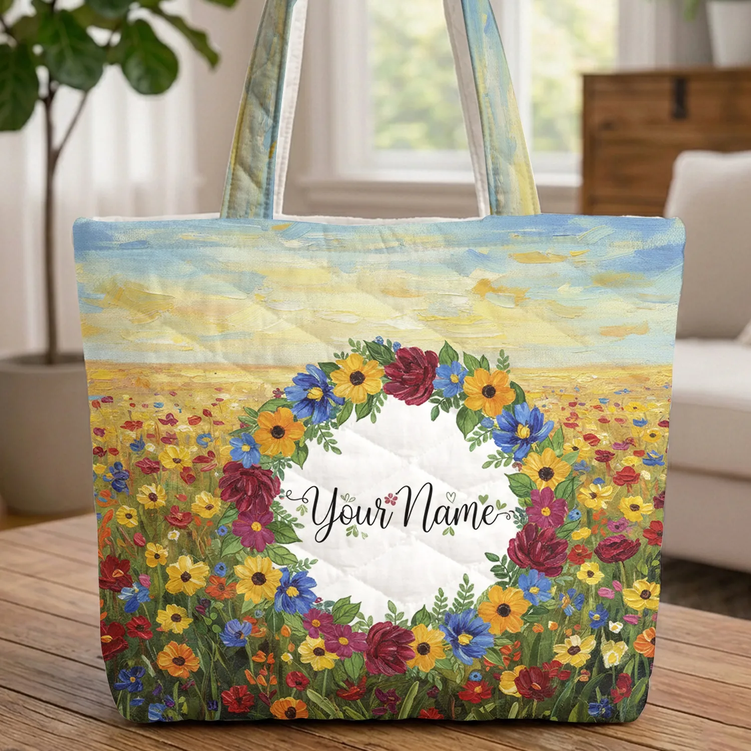 Wildflower Field Floral Wreath Personalized Name Everyday Carry Gift Quilted Tote Bag - 1