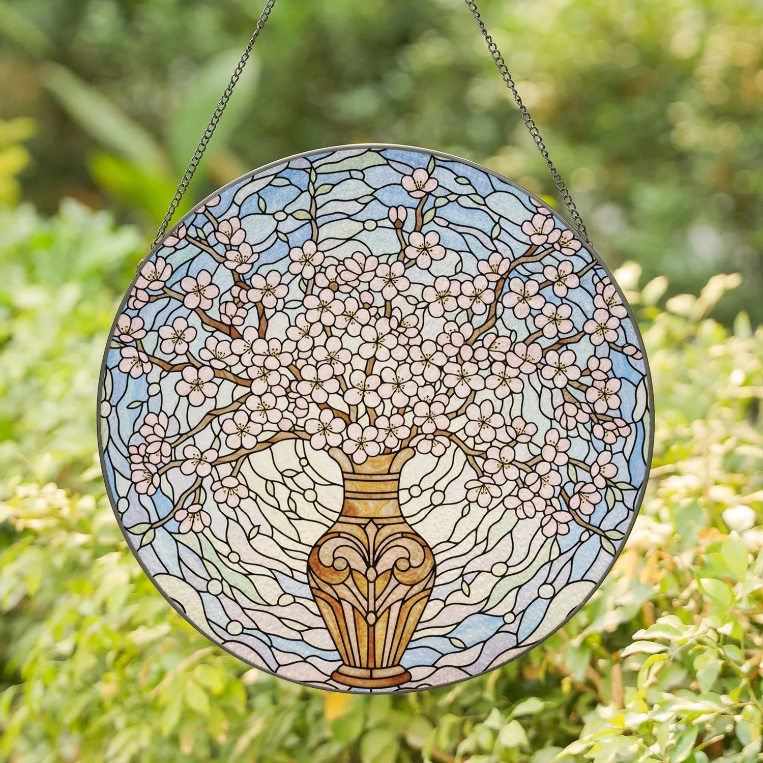 Tiffany Art Nouveau Stained Glass Cherry Blossom Flowering Branches Vase Home Decor Gift Stained Glass Suncatcher - 1