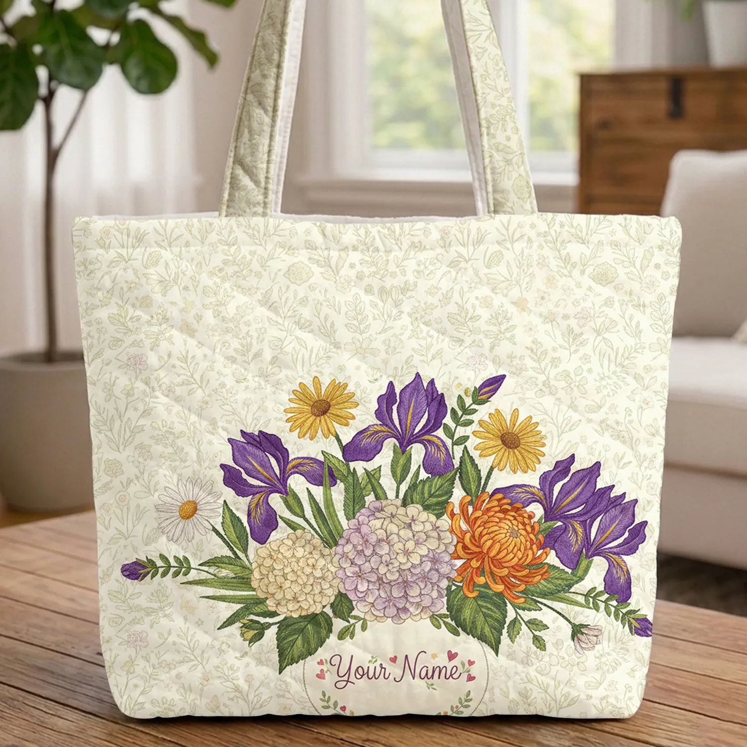 Ornate Botanical Bouquet Irises Daisies Hydrangeas Personalized Everyday Carry Gift Quilted Tote Bag - 1