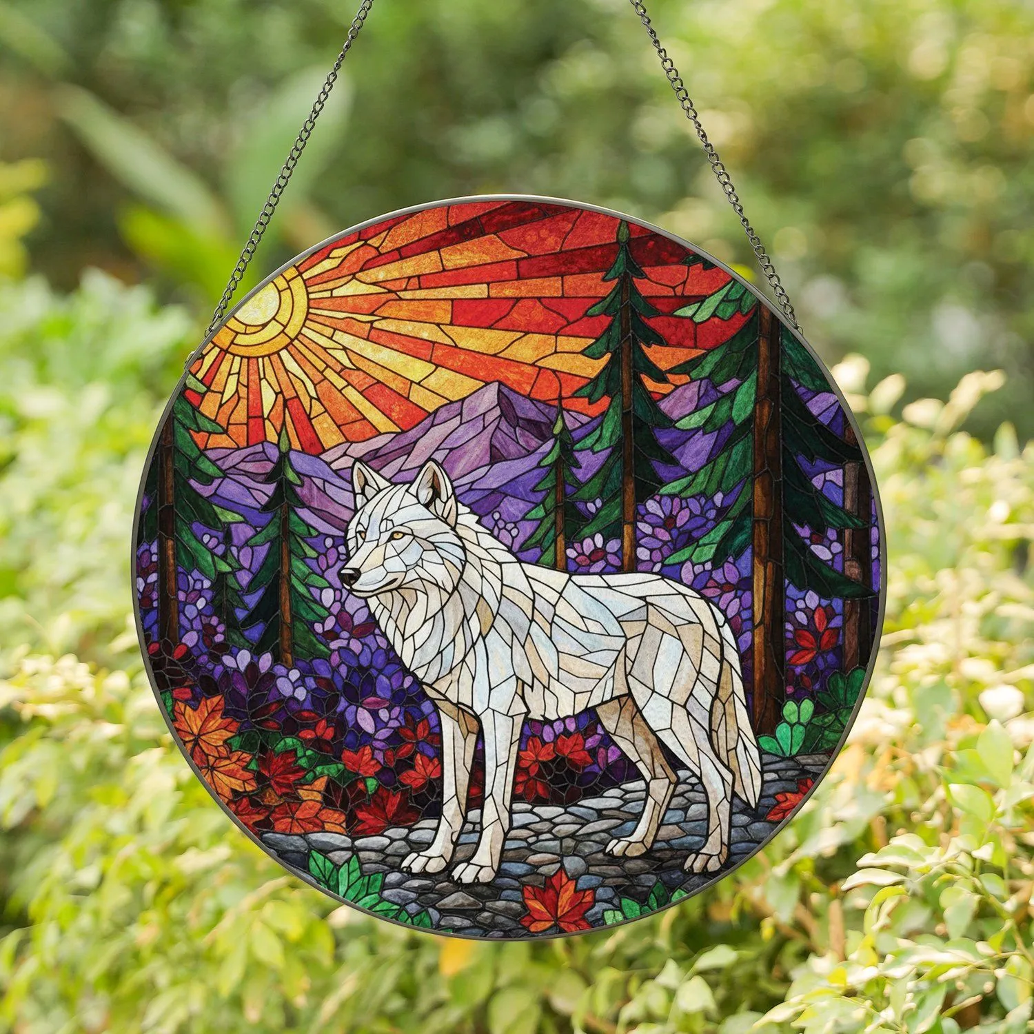 White Wolf Evergreen Forest Mountains Red Maple Leaves Sunset Home Decor Gift Stained Glass Suncatcher - 1