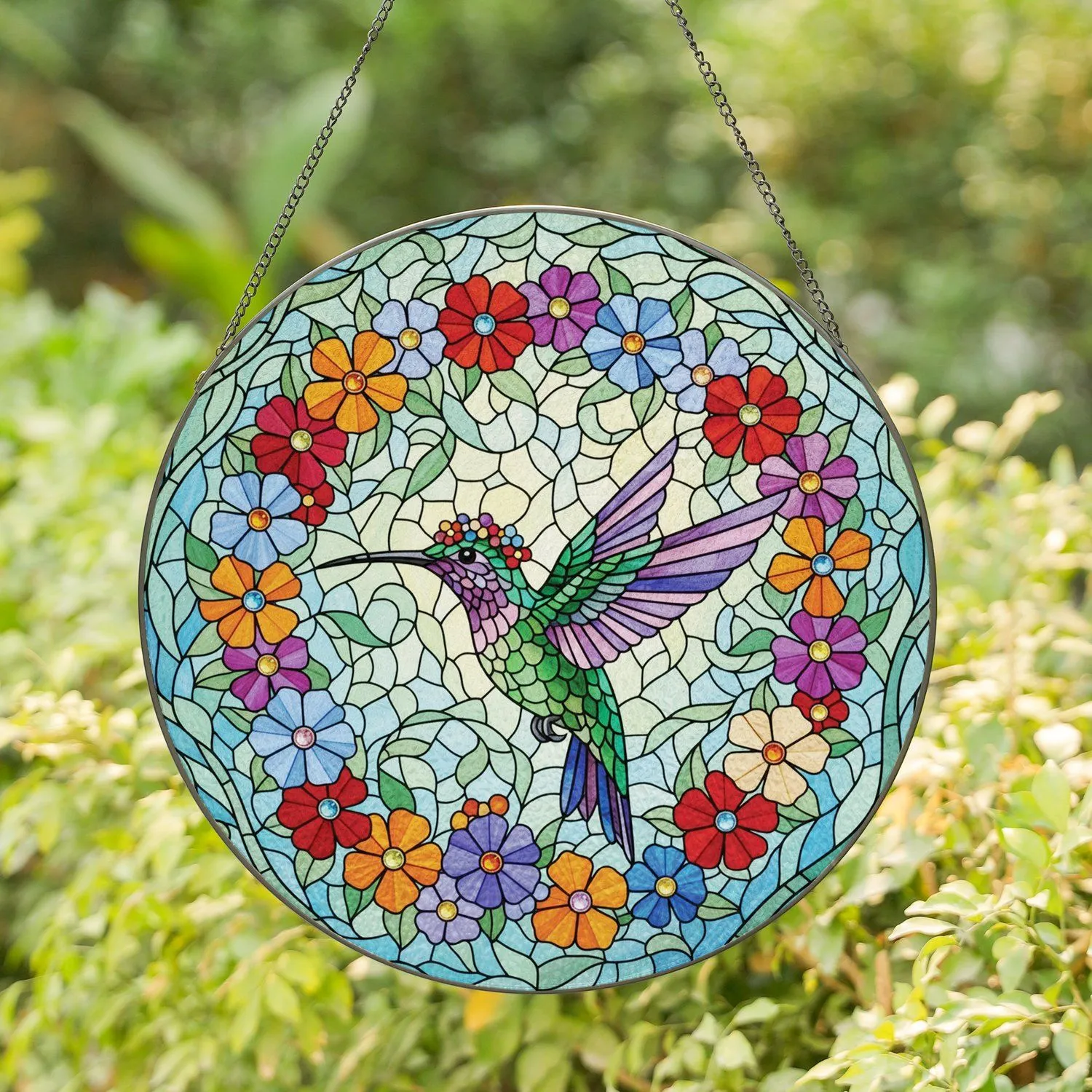 Hummingbird Jeweled Flowers Floral Wreath - Nature Lover Home Decor Gift Stained Glass Suncatcher - 1