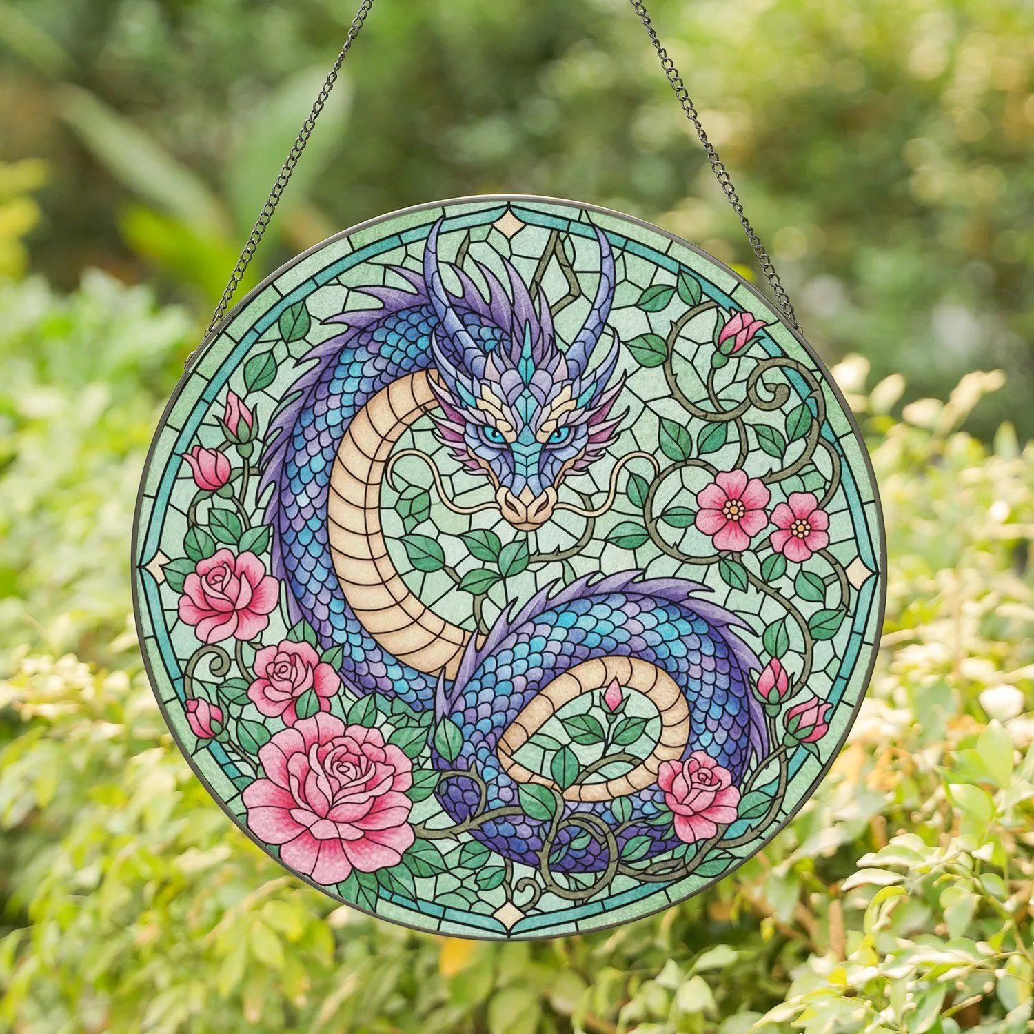 Glowing Blue Eyed Fantasy Dragon Pink Rose Foliage Tiffany Style - Home Decor Gift Stained Glass Suncatcher - 1