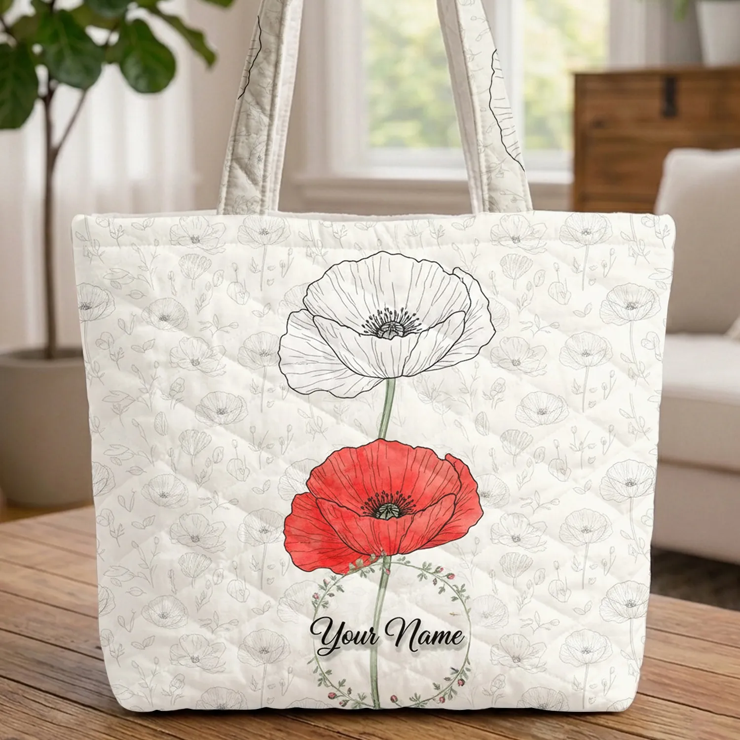 Large Poppy Flower Botanical Leafy Vines Watercolor - Everyday Carry Lifestyle Gift Quilted Tote Bag - 1