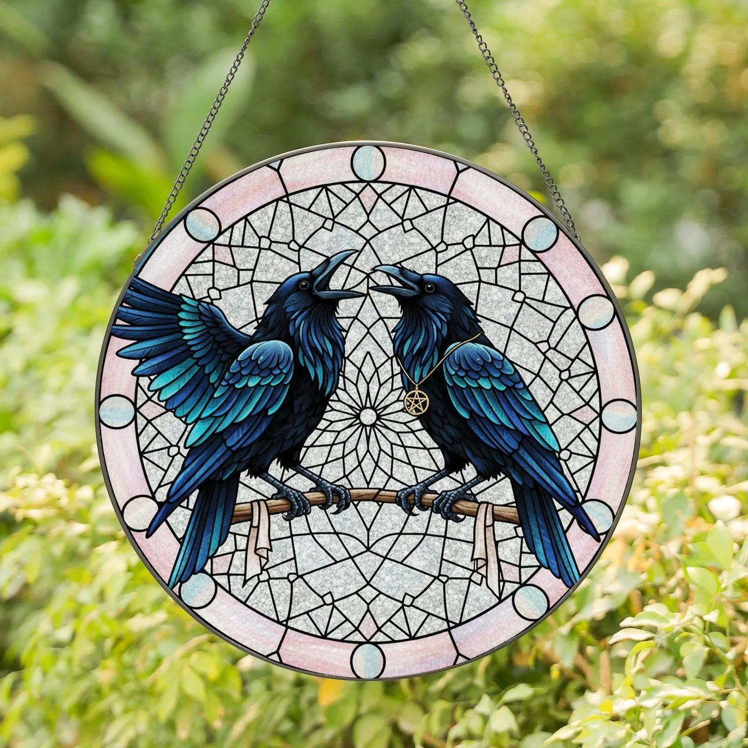 High Contrast Ravens Dreamcatcher Pentagram - Spiritual Home Decor Gift for Raven Lover Stained Glass Suncatcher - 1