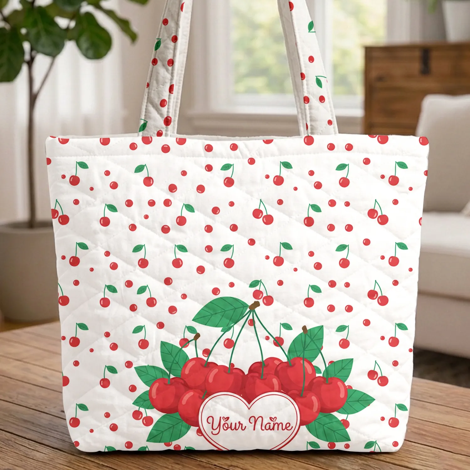 Cherry Cluster Scattered Cherries Heart Personal Name Everyday Carry Gift Quilted Tote Bag - 1