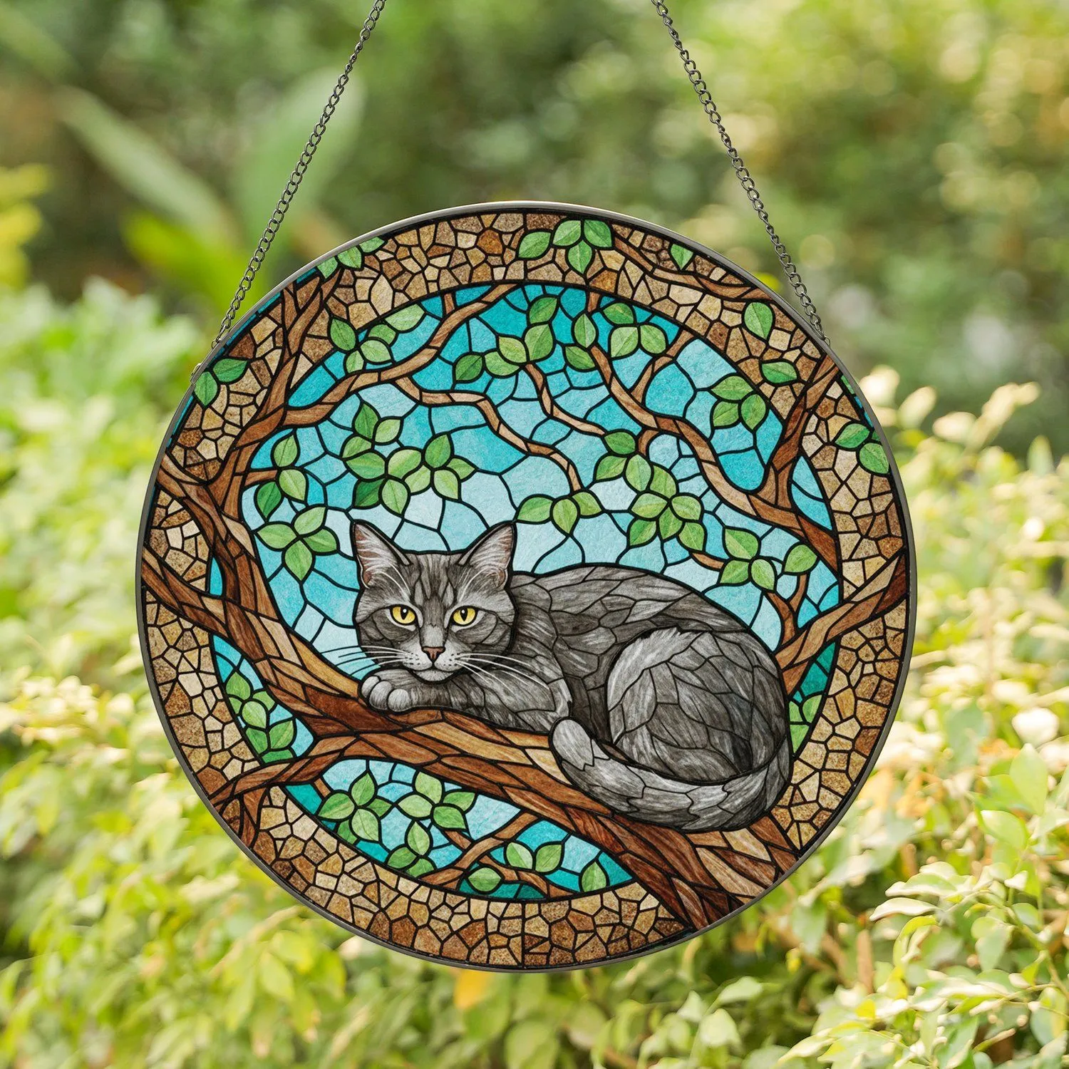 Stained Glass Grey Cat Yellow Eyes Tree Branch Green Leaves - Cat Lover Home Decor Gift Stained Glass Suncatcher - 1