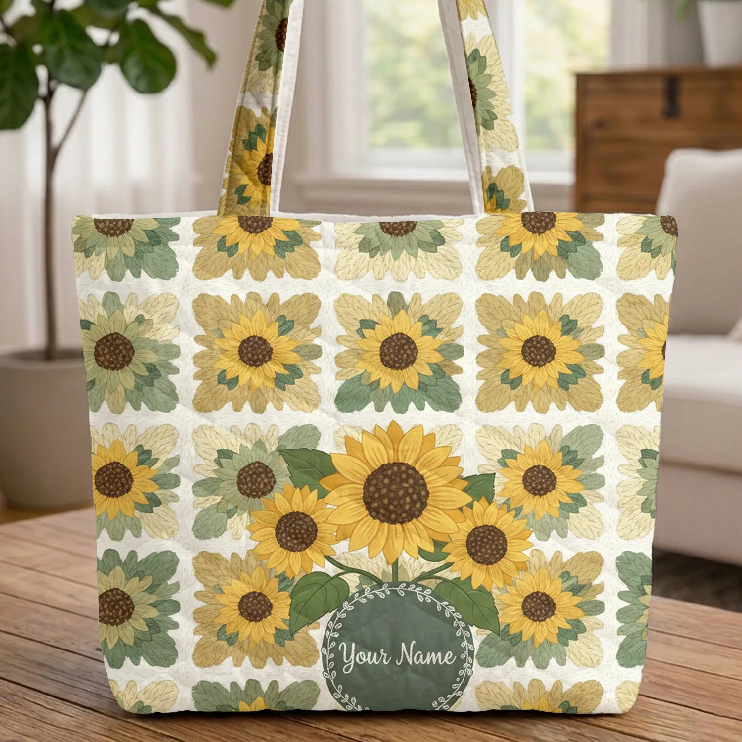 Chunky Yarn Sunflower Granny Square - Everyday Carry Craft Lover Gift Quilted Tote Bag - 1