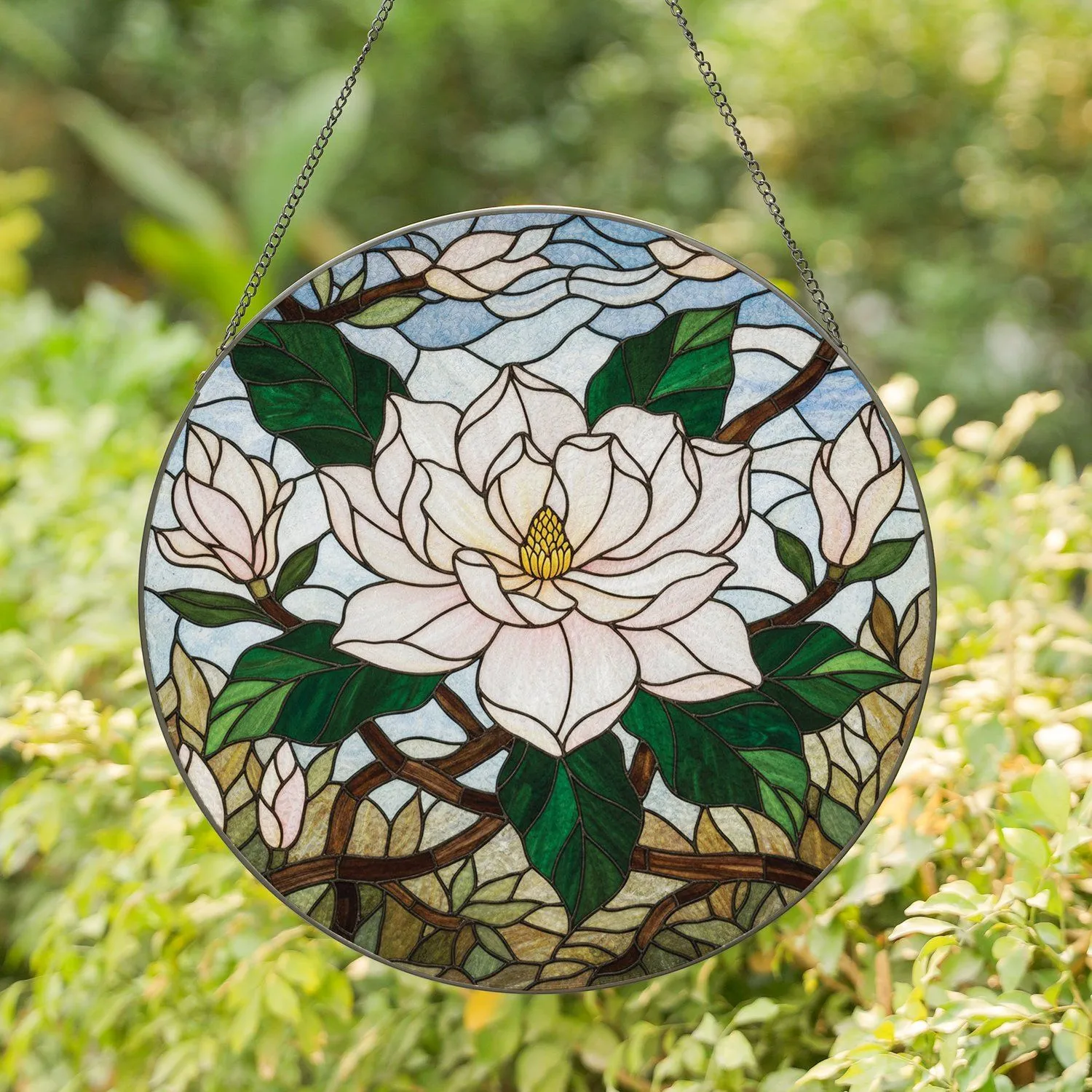 Opulent Magnolia Flower Buds Leaves Branches Home Decor Accent - Flower Lover Gift Stained Glass Suncatcher - 1