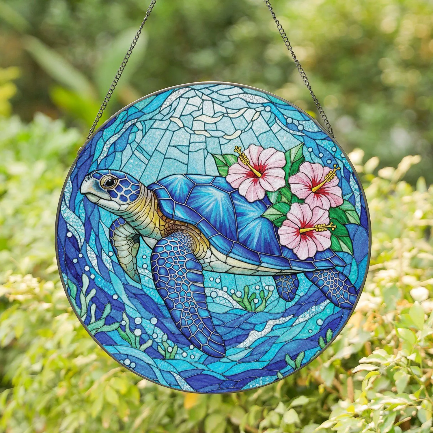 Luminous Stained Glass Sea Turtle Hibiscus Flowers Underwater Scape - Home Decor Gift Stained Glass Suncatcher - 1