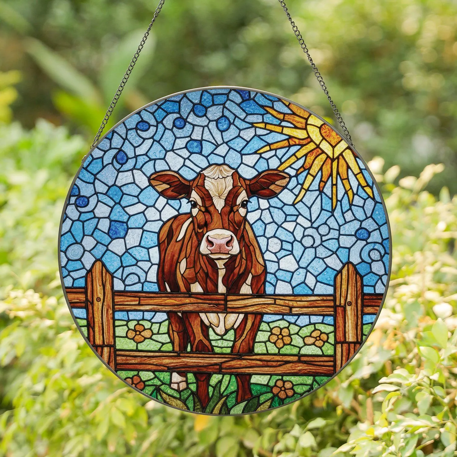 Brown Calf Heart Sun Picket Fence Farmhouse Decor Gift for Cow Lover Stained Glass Suncatcher - 1