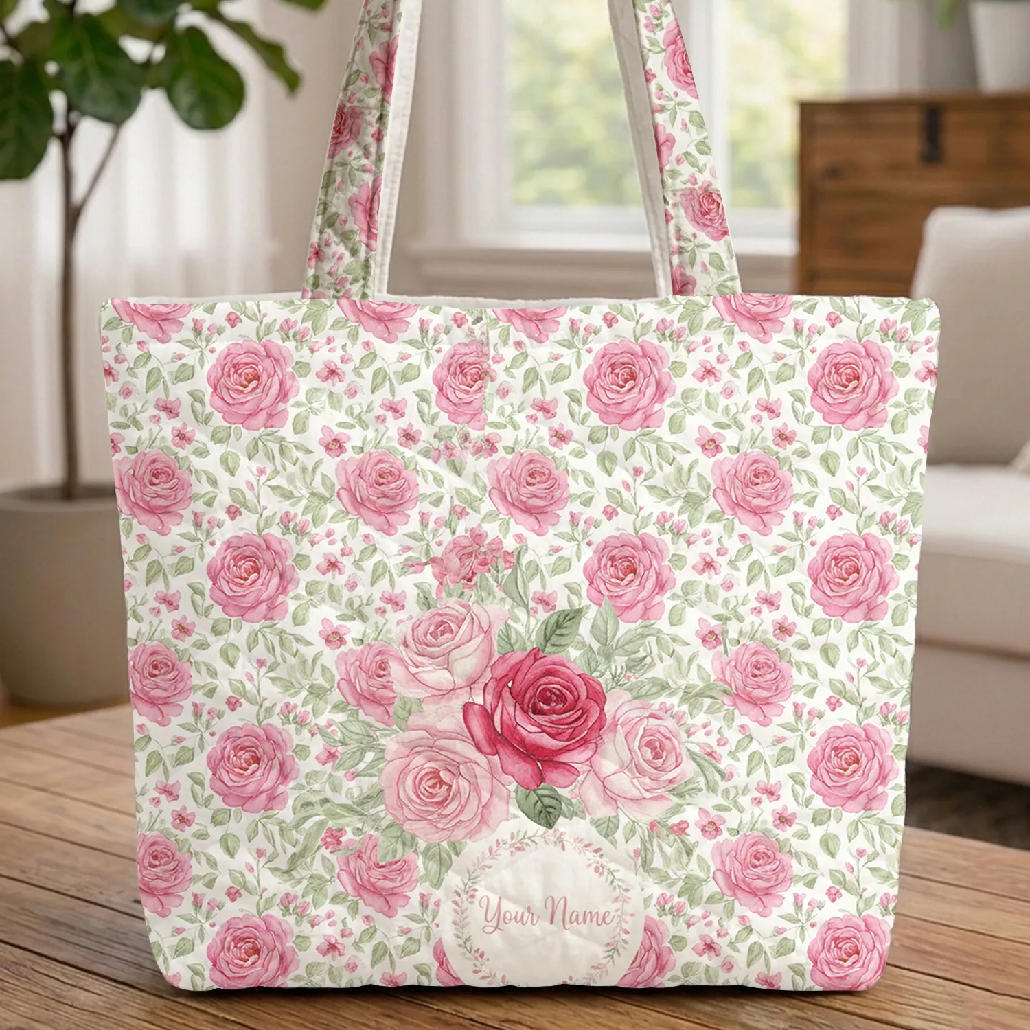 Personalized Name English Roses Floral Wreath - Everyday Carry Gift for a Loved One Quilted Tote Bag - 1