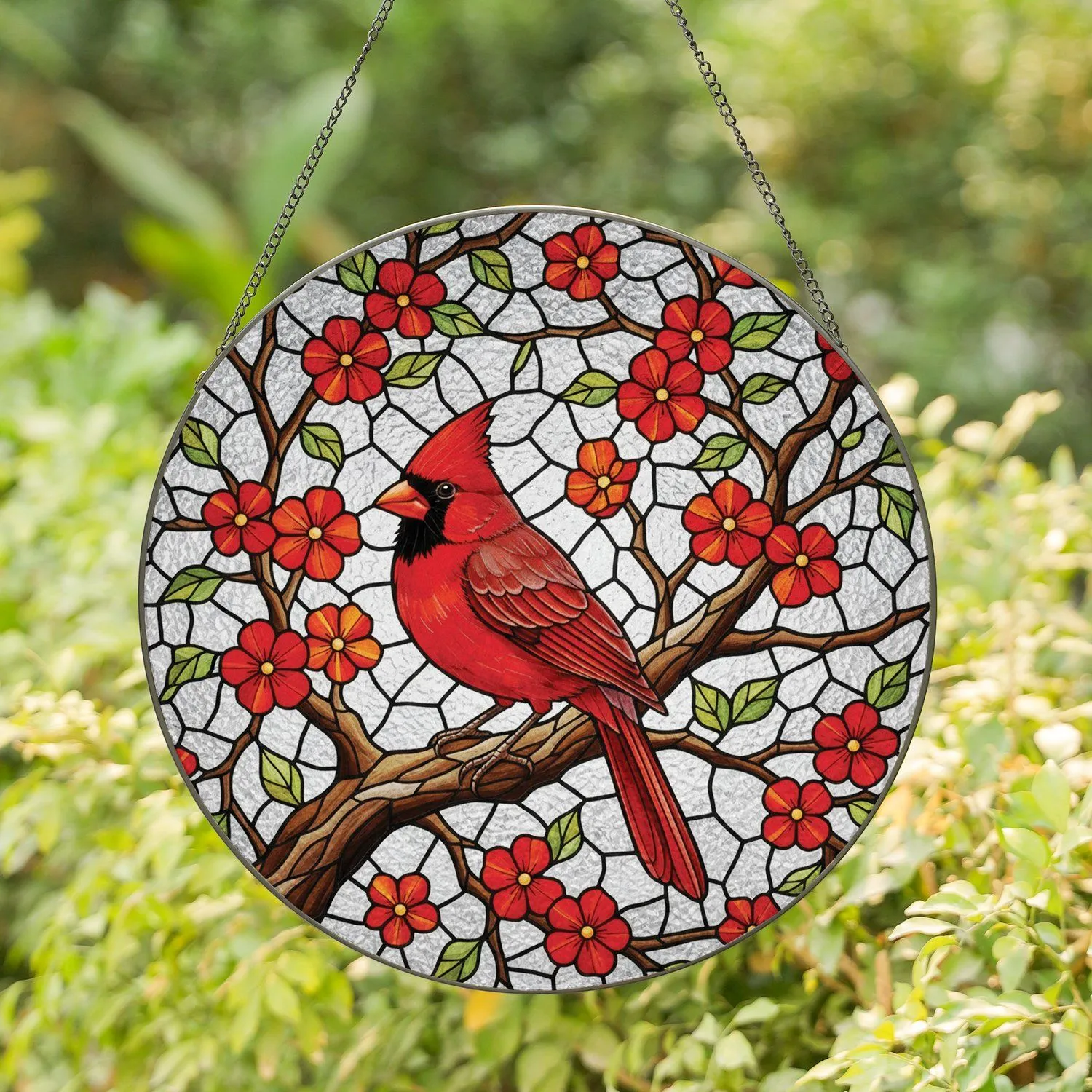 Stained Glass Cardinal Bird Tree Branch Flowers - Wildlife Home Decor Gift for Bird Lovers Stained Glass Suncatcher - 1
