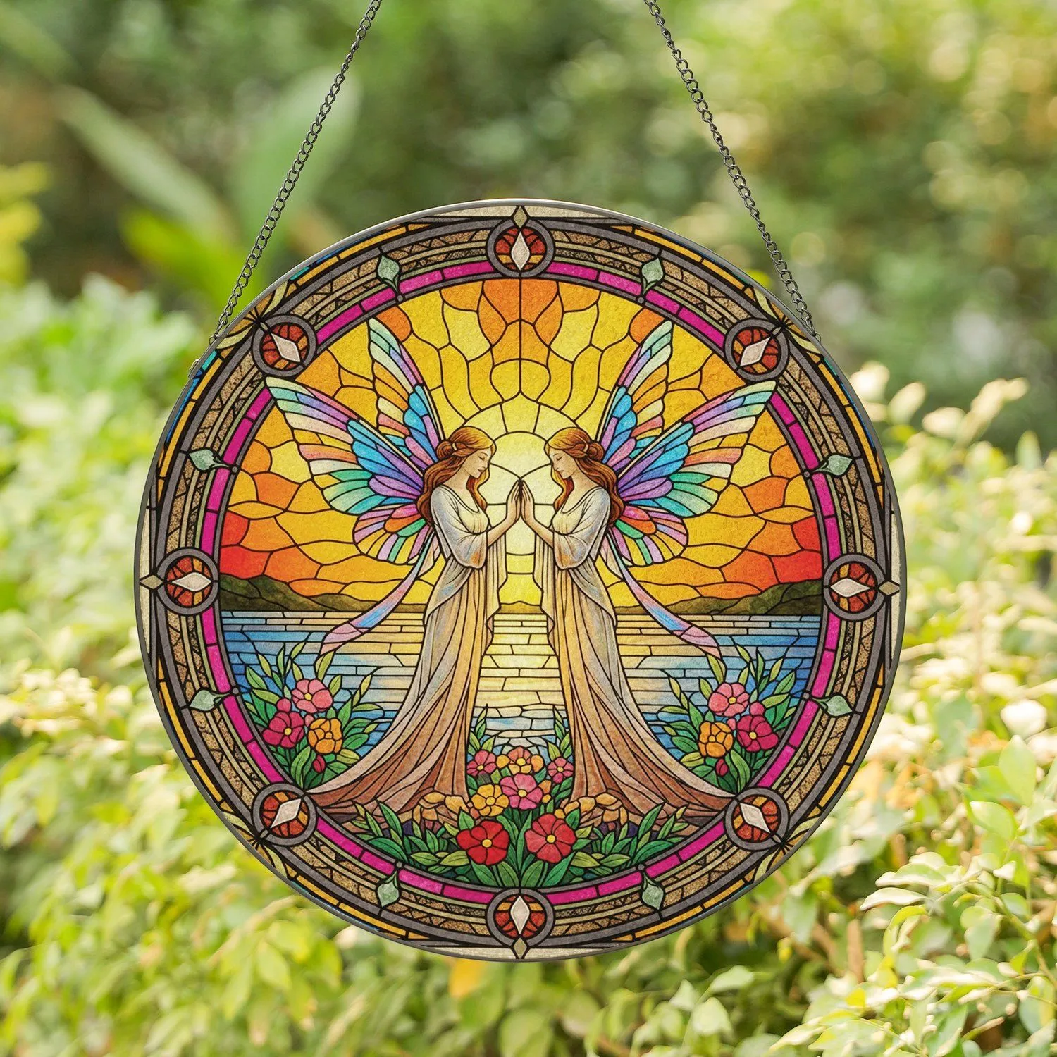 Fairies Iridescent Wings Ornate Border Sunset Water - Home Decor Gift Stained Glass Suncatcher - 1