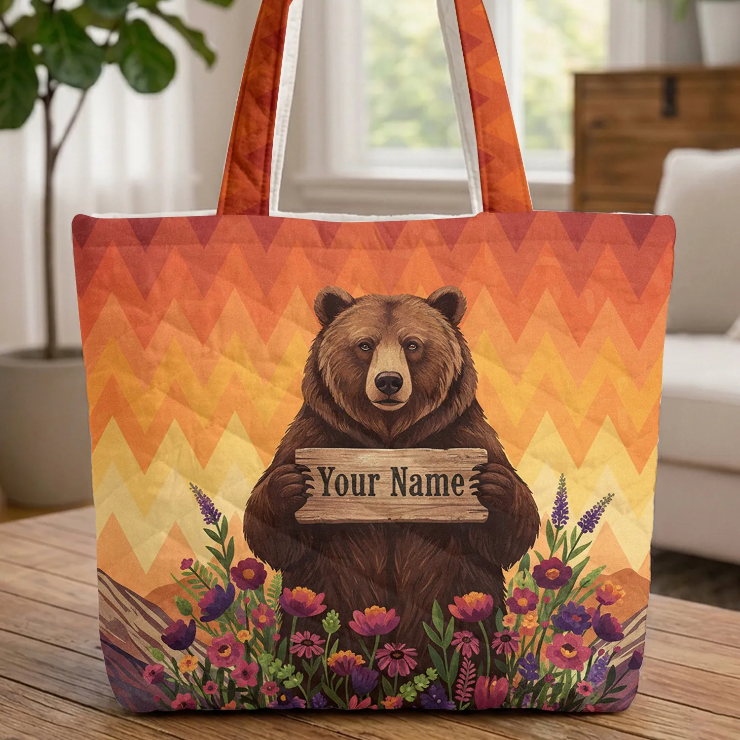 Brown Bear Wildflowers Mountain Peaks Sunset Everyday Carry Gift Quilted Tote Bag - 1
