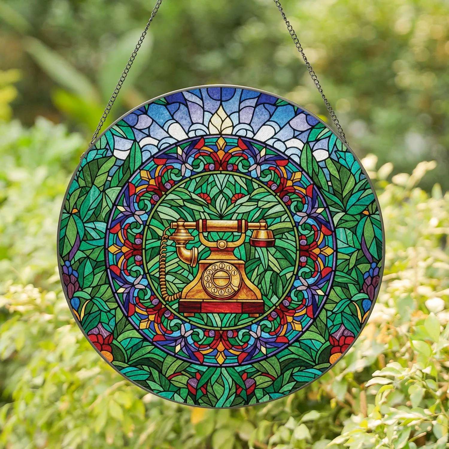 Stained Glass Vintage Rotary Telephone Floral Leaves Jewel Tone Mosaic Sky - Home Decor Gift Stained Glass Suncatcher - 1