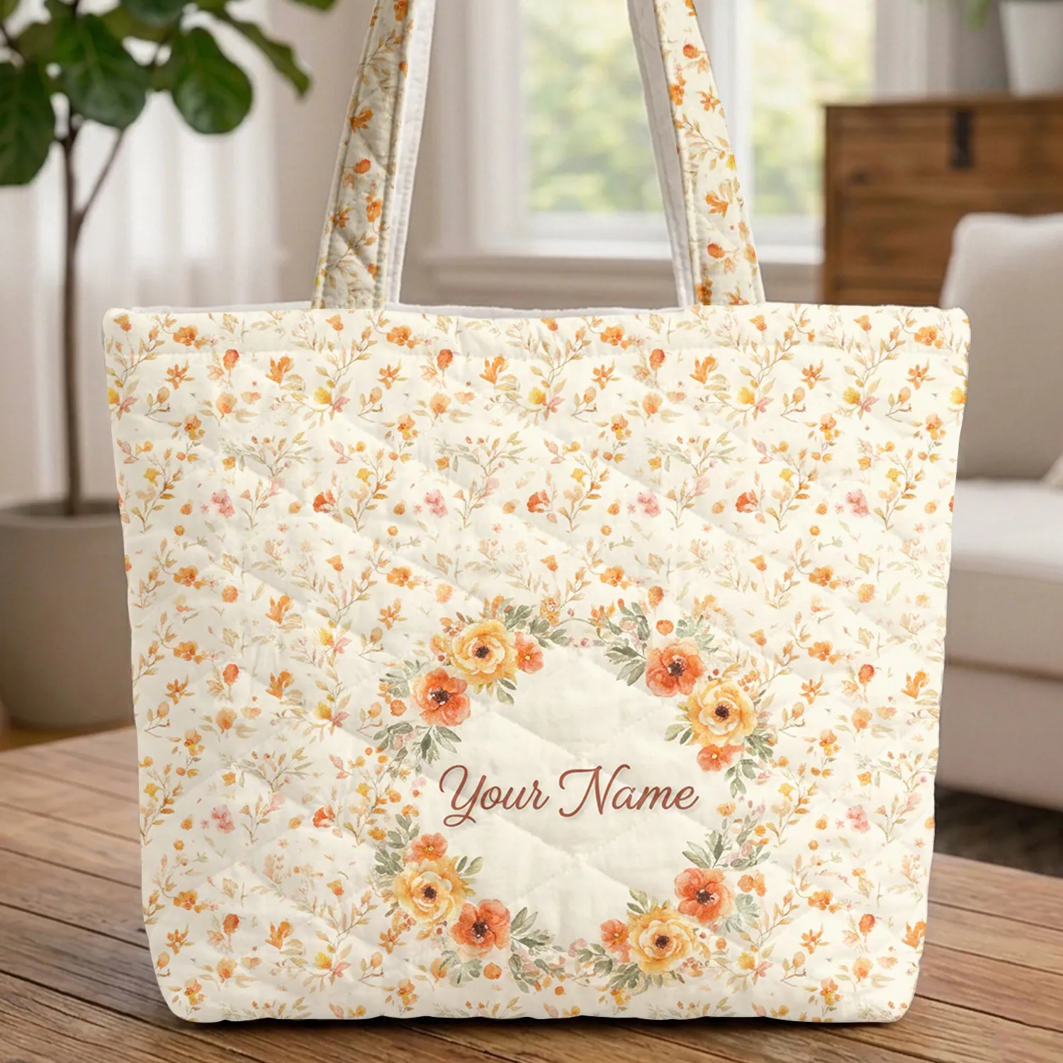 Your Name Ornate Wildflower Wreath Leaves Berries Garden - Everyday Carry Gift Quilted Tote Bag - 1