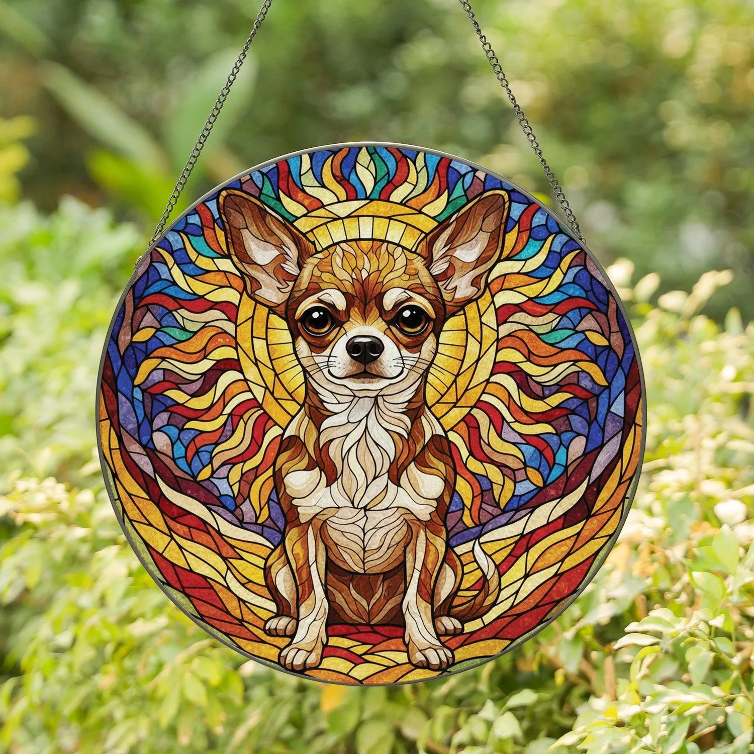 Tiffany Chihuahua Dog High Contrast Jewel Tones Light Rays Home Decor Gift for Dog Lovers Stained Glass Suncatcher - 1
