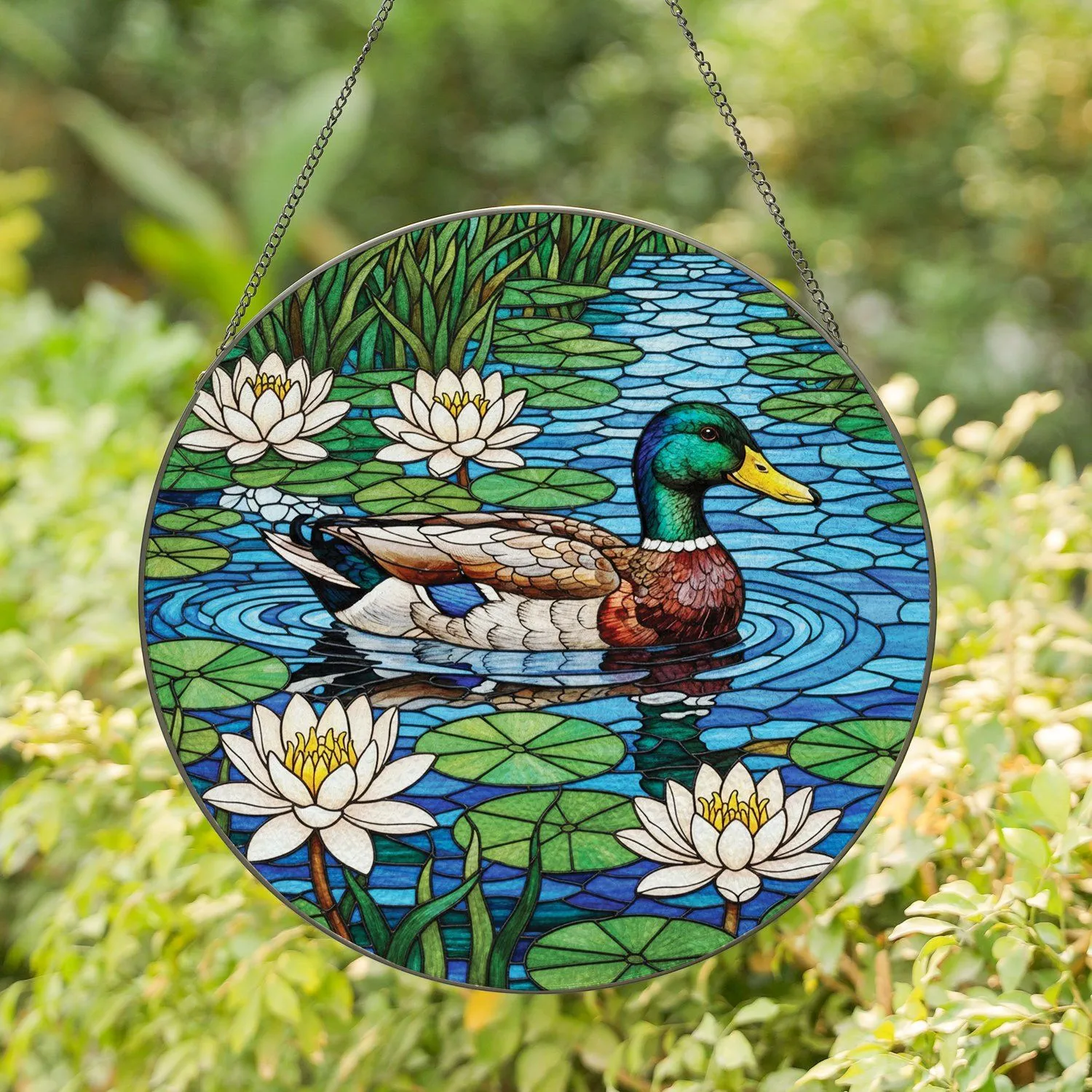 Emerald Head Mallard Duck Yellow Beak Water Lilies Pond - Home Decor Gift Stained Glass Suncatcher - 1