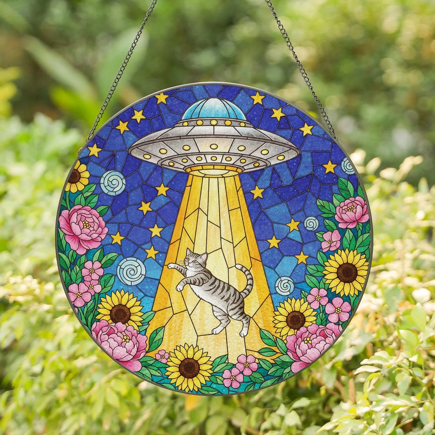 Cat Leaping Flying Saucer Peony Sunflower - Home Decor Gift for Cat Lover Stained Glass Suncatcher - 1